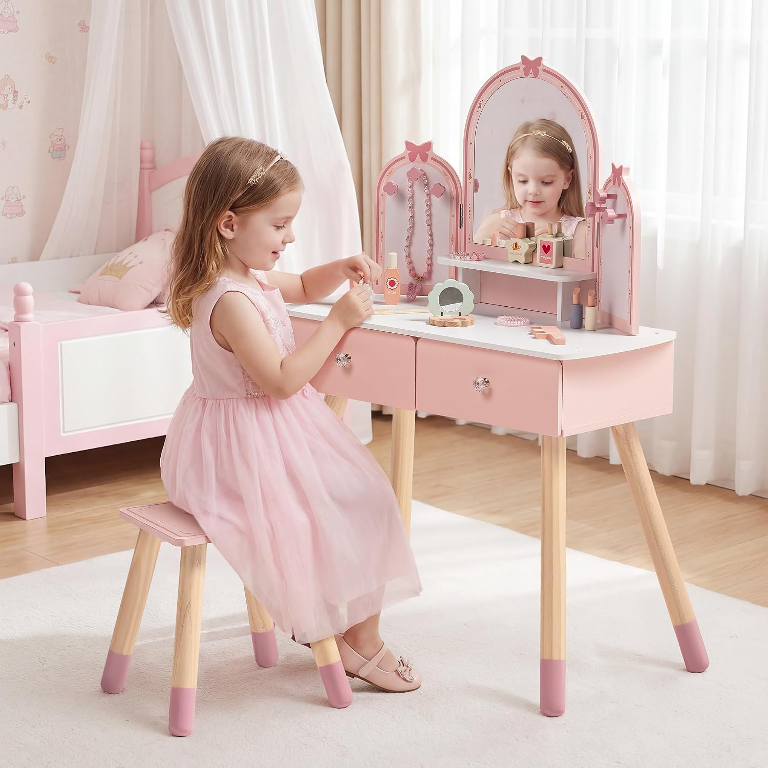 ROBOTIME Pink Kids Vanity Set Butterfly Mirror & Stool Small Girl Vanity Desk with 2 Drawers Kids Make up Pretend Play Table Ideal Birthday for Toddler Age 3+ Bedroom Playroom Decor