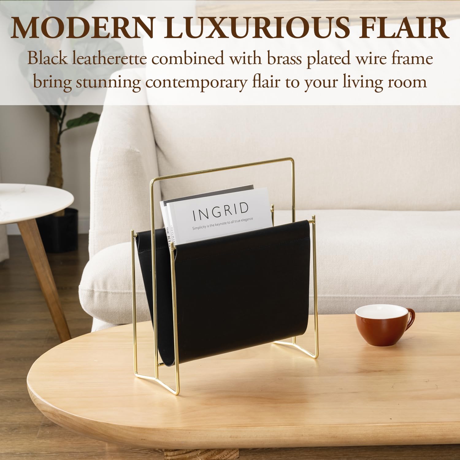 MyGift 13 Inch Modern Black Leatherette Magazine Holder Floor Standing Sling Style Rack with Gold Tone Metal Frame