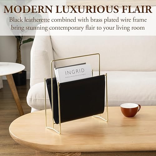 Miniatura 9 de MyGift Soporte moderno de cuero de caramelo de 13 pulgadas con marco de metal en tono latón