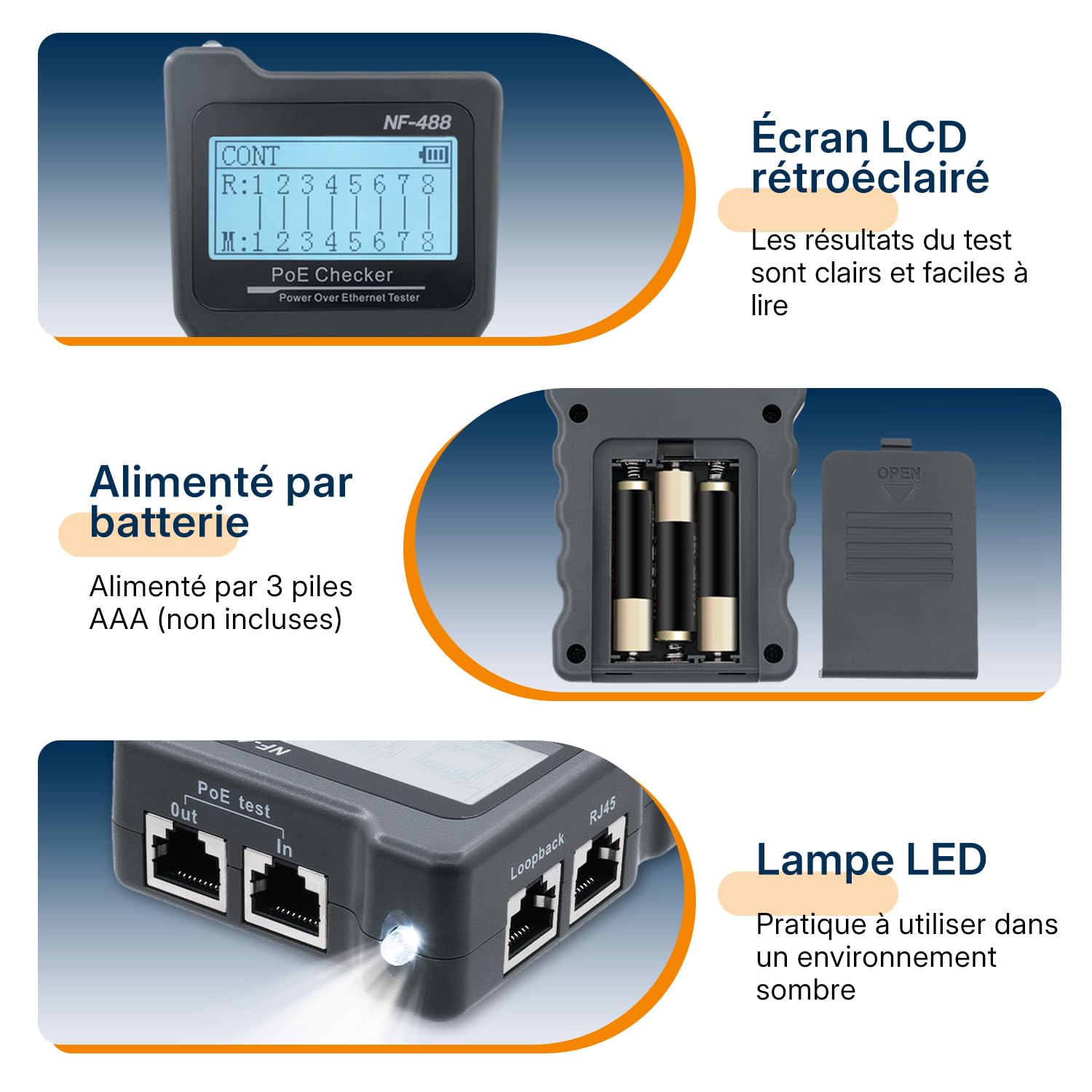 Mcbazel Testeur de Réseau RJ45 avec Testeur de Câble LCD, Testeur de Tension POE, Instrument de Mesure