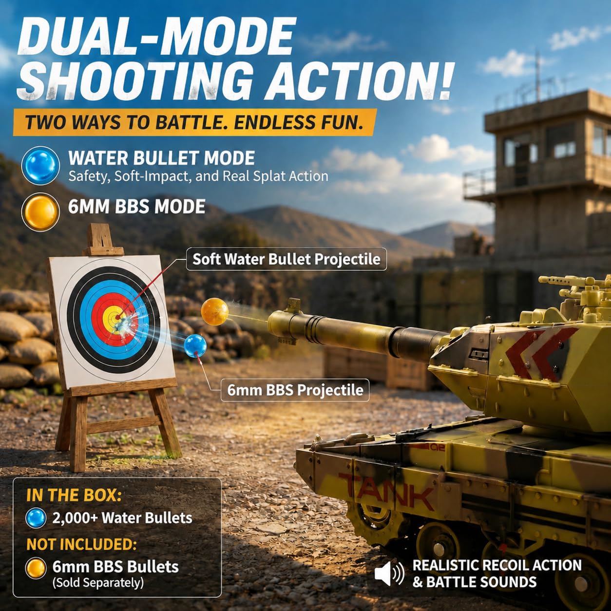 Tanque RC que dispara, modelo de vehículos militares de 2.4 GHz con torreta giratoria de 360°, demostración automática, sonido, humo y luz, tanque militar de control remoto para adolescentes y