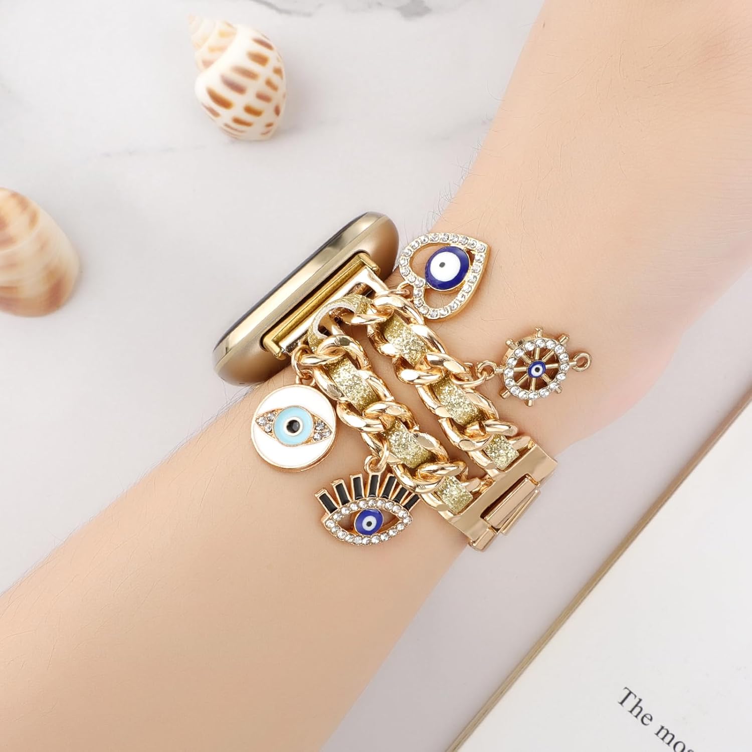Stylish Metal Wristband Compatible with Fitbit Versa 4/Versa 3 Bands/Sense 2/Sense Band,Cute Strap with Love Cross Unique Pendants Chain Charms Bracelet for Women image 5