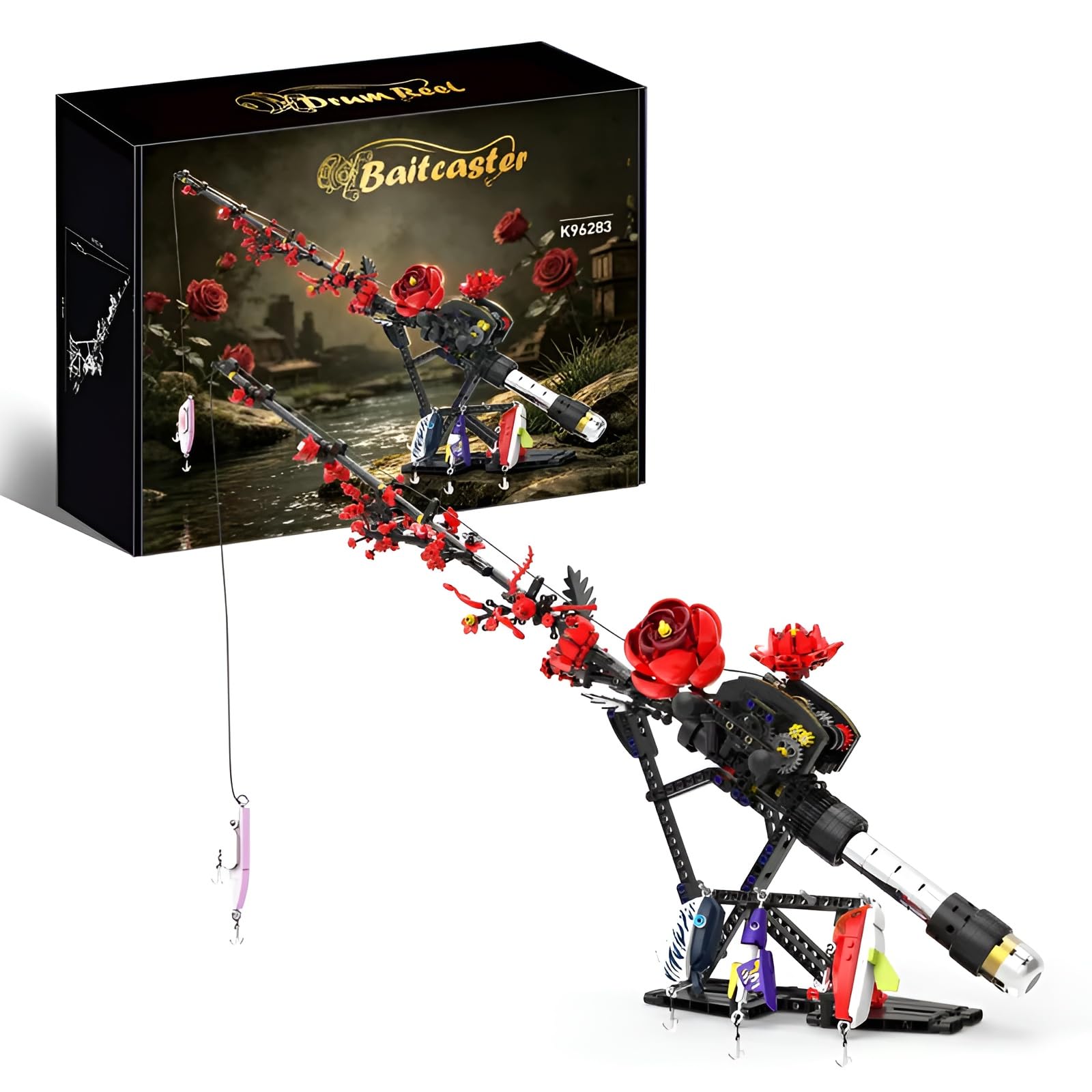 Gothic Fishing Rod Building Set with Roses, Unique Decor Gift Enthusiasts
