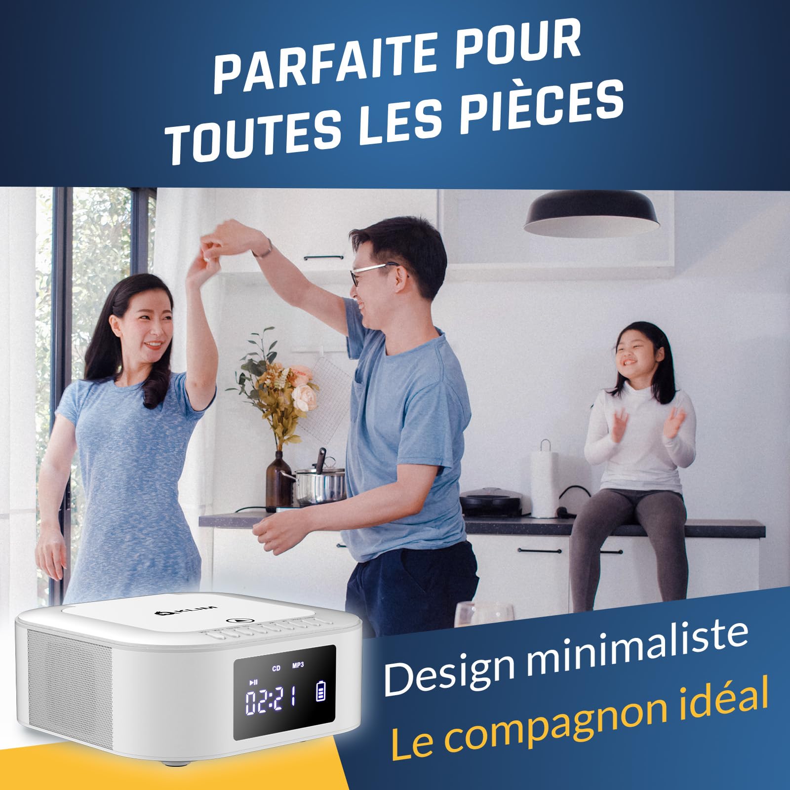 KLIM Boombox E1 - Poste Radio CD Portable - Extra Bass avec Subwoofer - Radio FM, CD, Bluetooth, USB, Bluetooth, MP3 - Mode Filaire et sans Fil avec Piles Rechargeables - Télécommande - Blanc