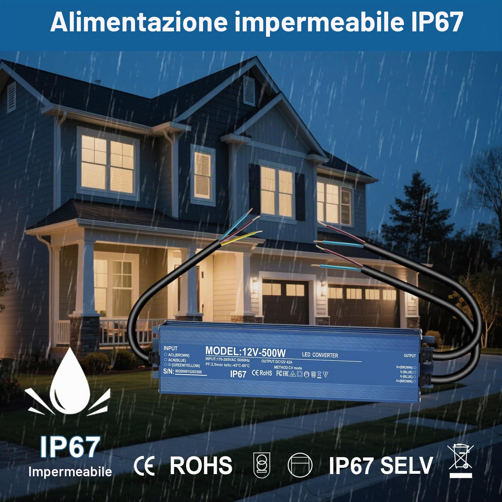 Trasformatore LED 12V 500W, Alimentatore 12v 42A, Driver LED AC a DC | 500W Trasformatore 220V 12v, Impermeabile IP67, Senza Sfarfallio, Nessun rumore, per G4, GU5.3, MR11, MR16, Non dimmerabile