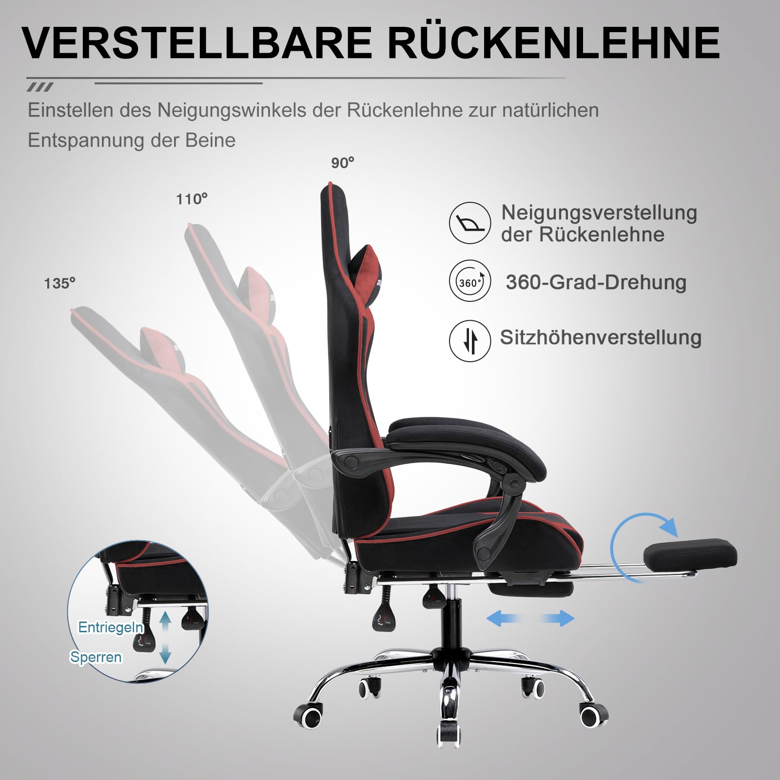 GTPLAYER Gaming Stuhl Stoff, Bürostuhl Massage Gaming Sessel Ergonomischer Gamer Stuhl mit Fußstütze, Kopfstütze Massage-Lendenkissen, Gepolstert Gaming Chair, Drehsessel, rot