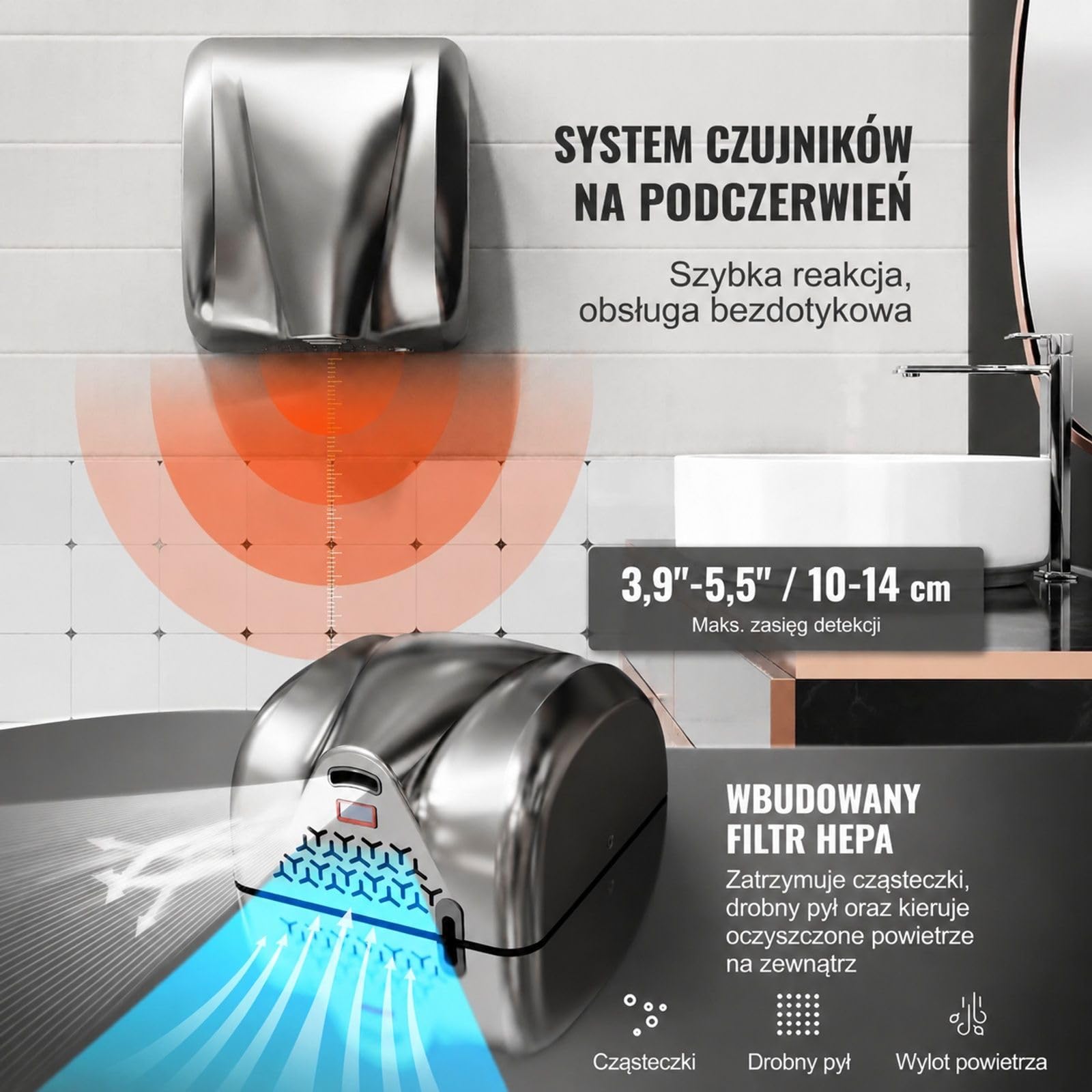 Elektryczna suszarka do rąk 1300 W ze stali nierdzewnej 304, czujnik podczerwieni, montaż ścienny do toalety i kuchni