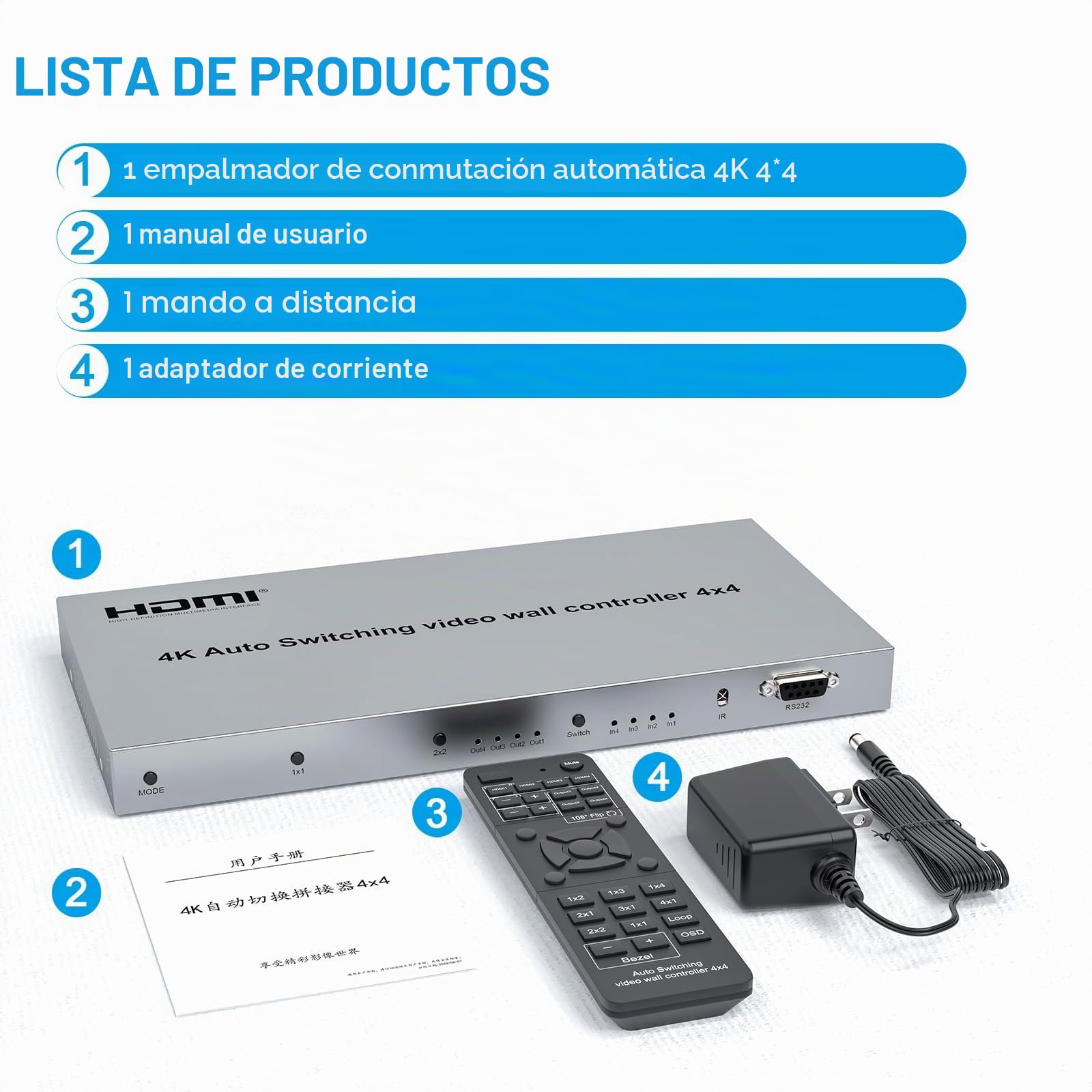 4x4 HDMI Matrix Switch with 4 Input/Output Ports, 3.5mm Audio Out, EDID Support, IR Remote, Button Press, RS232, 4K@30Hz, 1080P 3D, HDCP, YUV 4:4:4