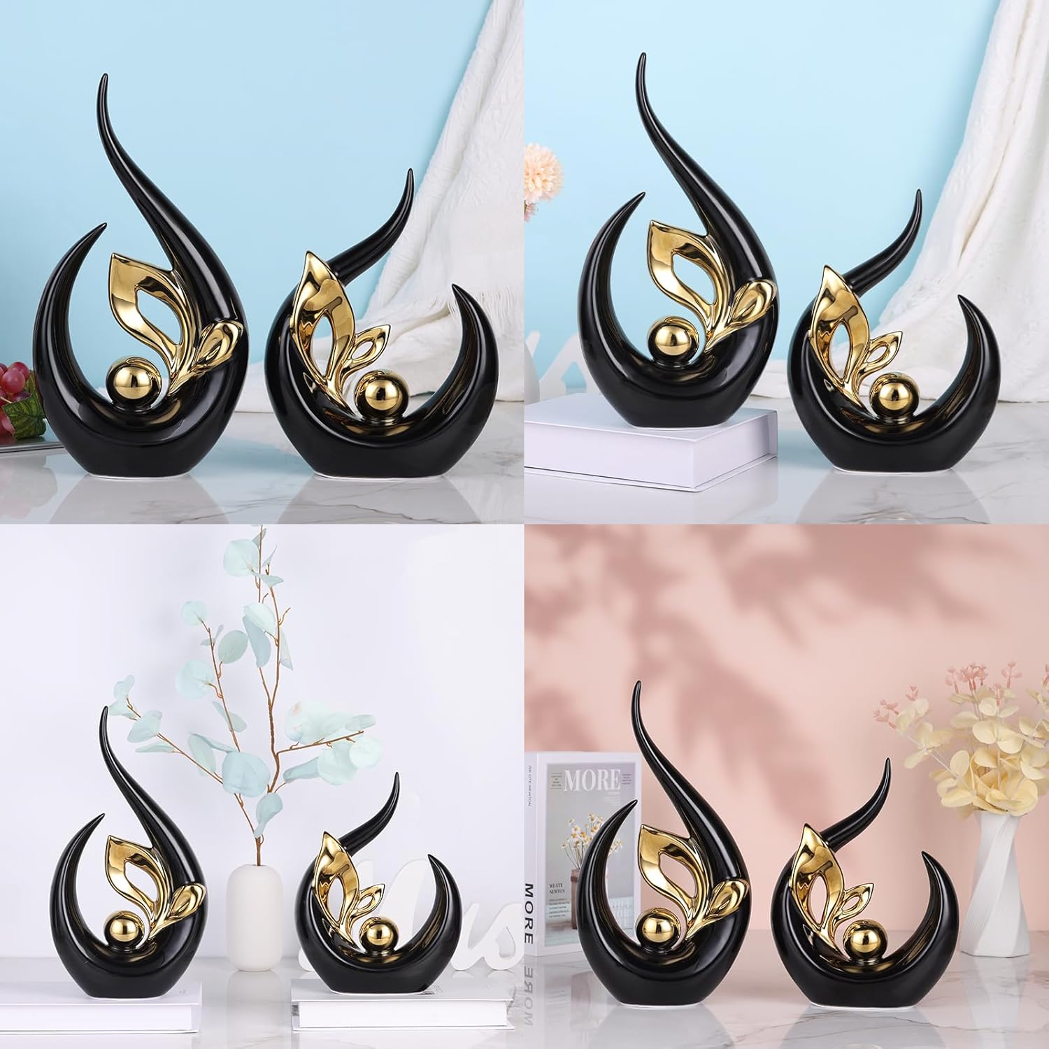 DOVDOV Black and Gold Home Decor, Abstract Ceramic Statue Set of 2 for Home Living Room Shelves, Coffee Tables, Shelves, Dining Table centerpieces