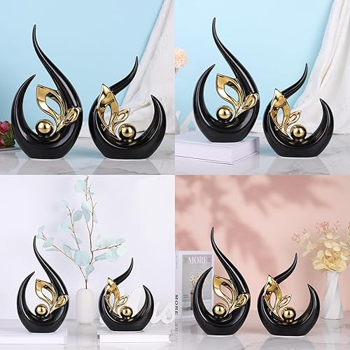 Miniatura 5 de DOVDOV Juego de 2 estatuas abstractas de cerámica negra y dorada para decoración del hogar, mesas de café, estantes, centros de mesa de comedor