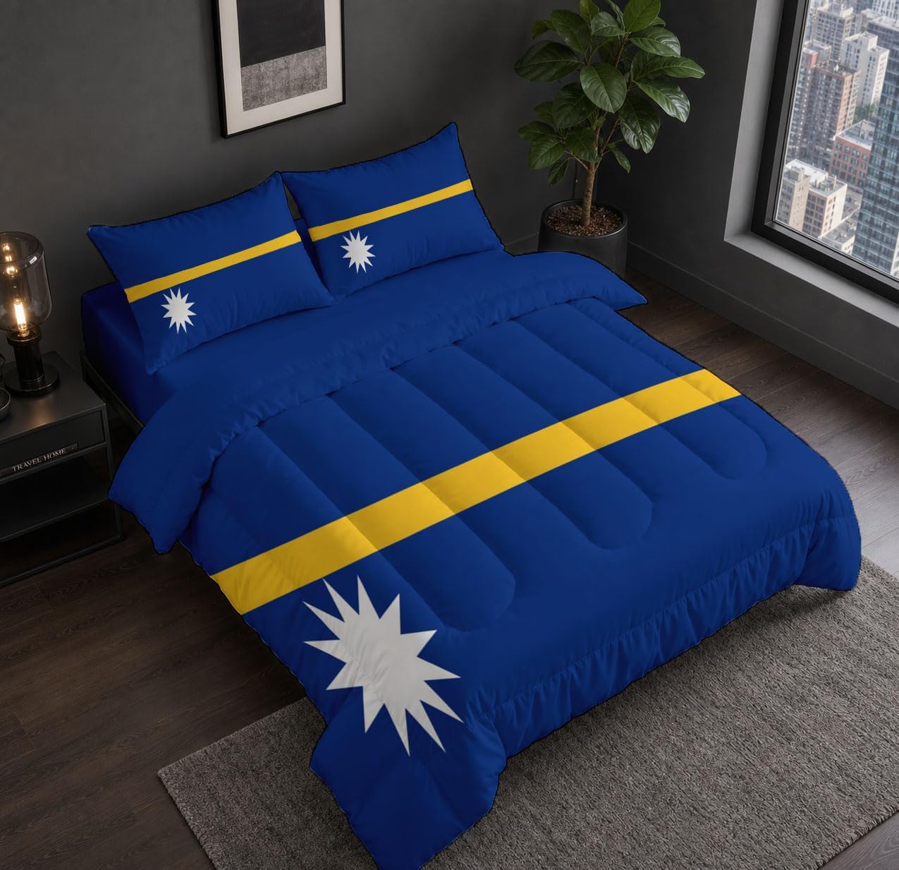 National Culture Comforter Set Twin Size, Nauru Flag Print Breathable Bedding Set for Girls Boys Teens, Blue Quilt Duvet with 2 Pillow Cases