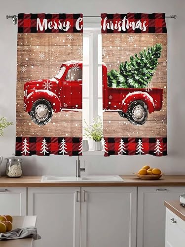 Miniatura 4 de Cortinas traslúcidas de camión rojo de Navidad de 63 pulgadas de largo, juego de 2 paneles de tablero de madera retro rústico a cuadros de búfalo