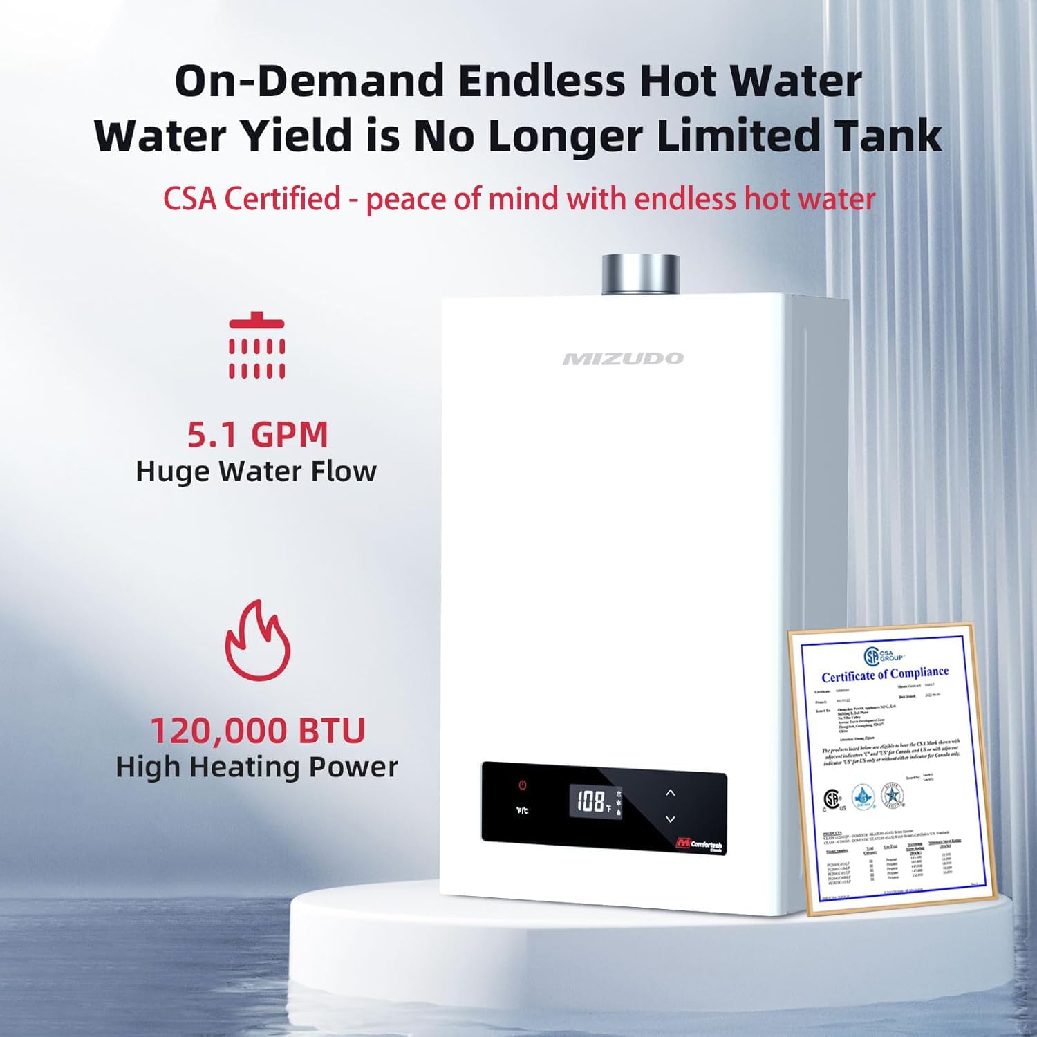 MIZUDO tankless water heater with 5.1 GPM and 120,000 BTU ratings and CSA certification.