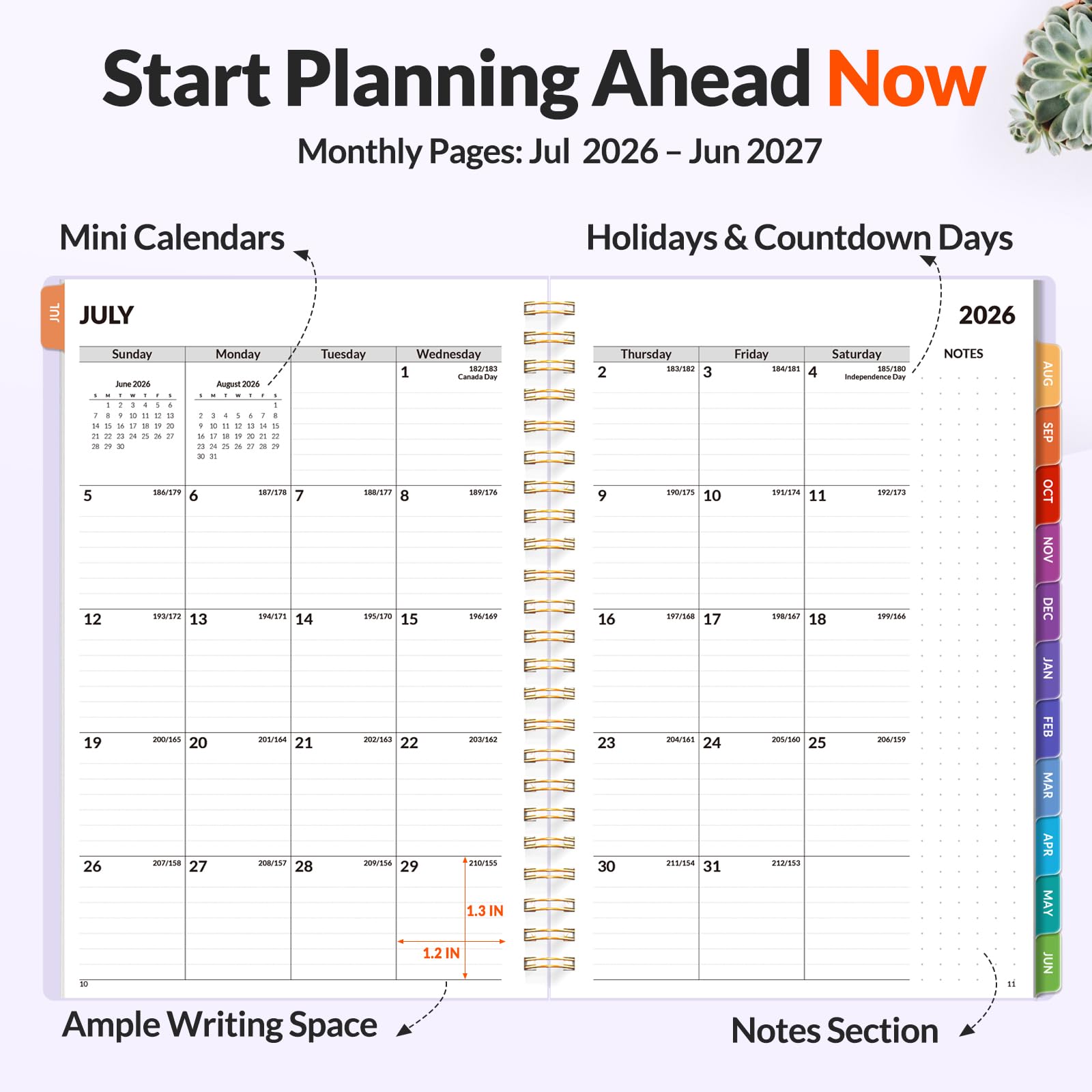 SUNEE Agenda académica 2026-2027 – Agenda semanal y mensual, julio de 2026 a junio de 2027, 6.4 x 8.3 pulgadas, papel grueso, pestañas, bolsillos, marcapáginas, encuadernado en espiral, organizador de
