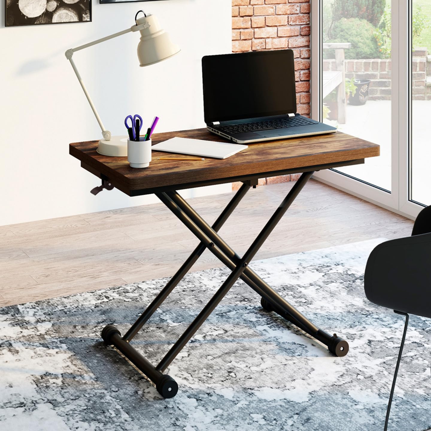 IDMarket - Couchtisch 2 in 1 aufklappbar zu einem rechteckigen Esstisch Urbana 100 cm Dunkles Holz und schwarzes Industriedesign