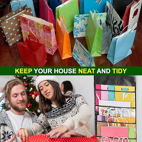 Miniatura 43 de ProPik Organizador de almacenamiento de bolsas de regalo de doble cara con múltiples bolsillos delanteros y traseros, organiza tu papel de regalo