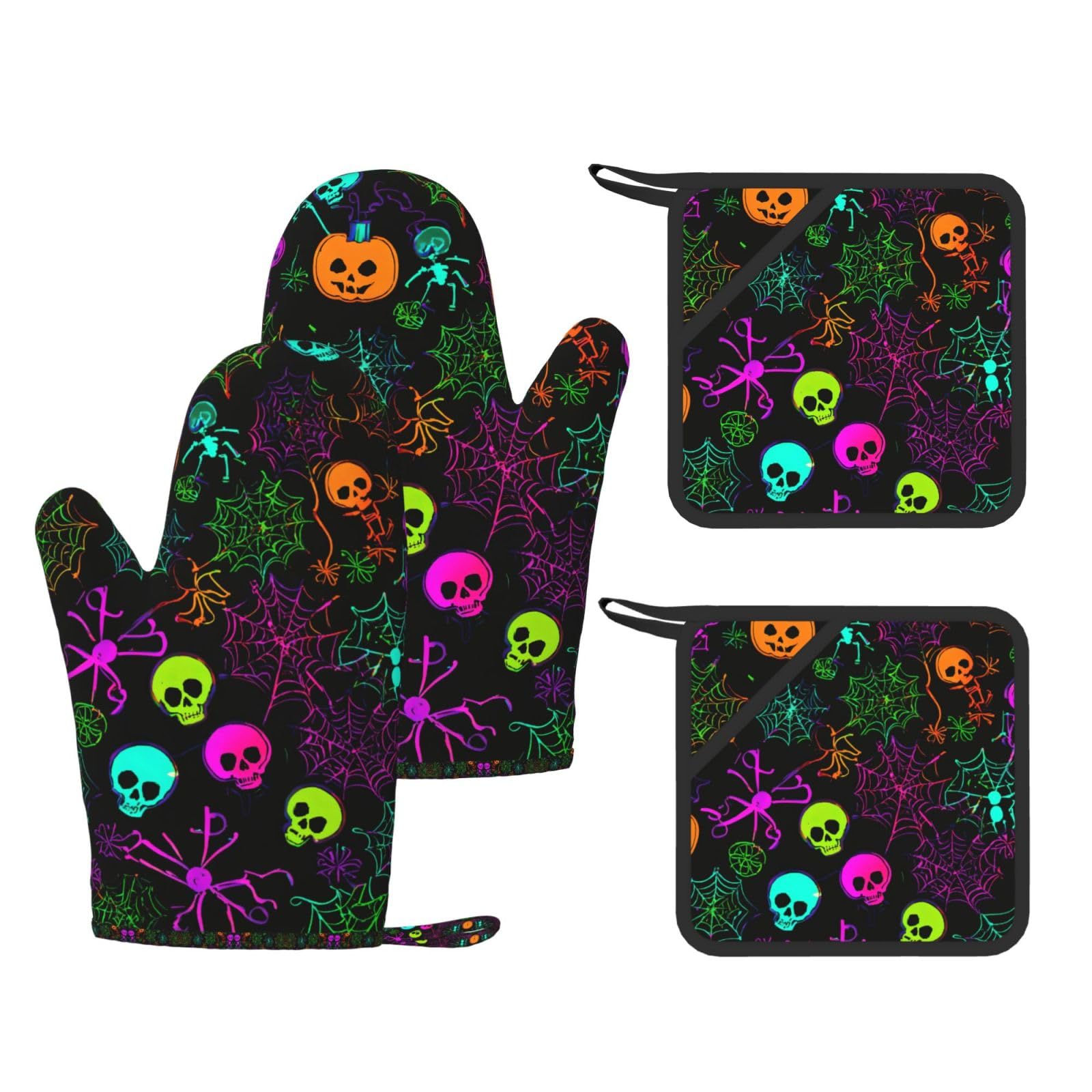 Halloween Skull Printed Cooking Mitts and Pot Holders 4 Pcs, Heat Resistant Oven Gloves with Hanging Loop Chef