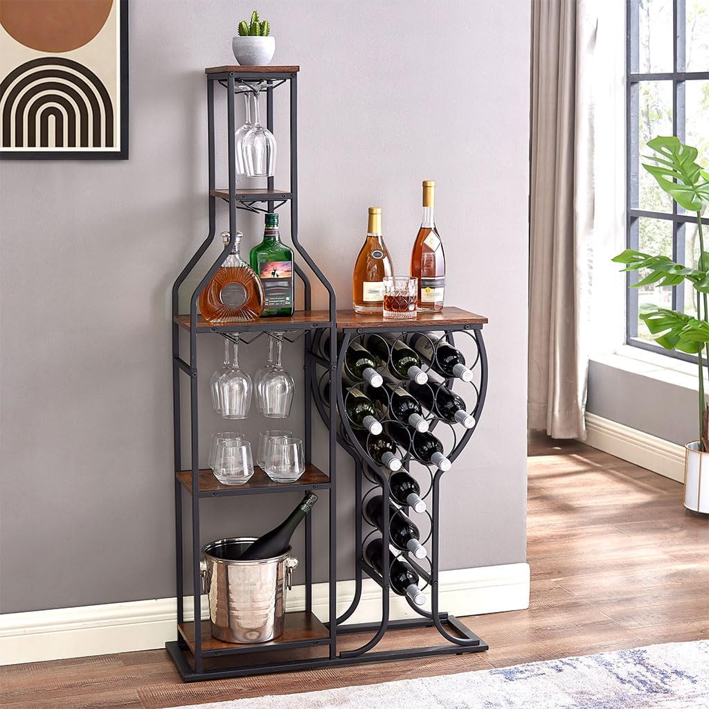 Wine Rack Table, Freestanding Modern Wine Bar Cabinet with Hanging Wine Glass Holder and Storage Shelves Wood and Metal Liquor Cabinet Wine Storage Stand for Home Kitchen Dining Room