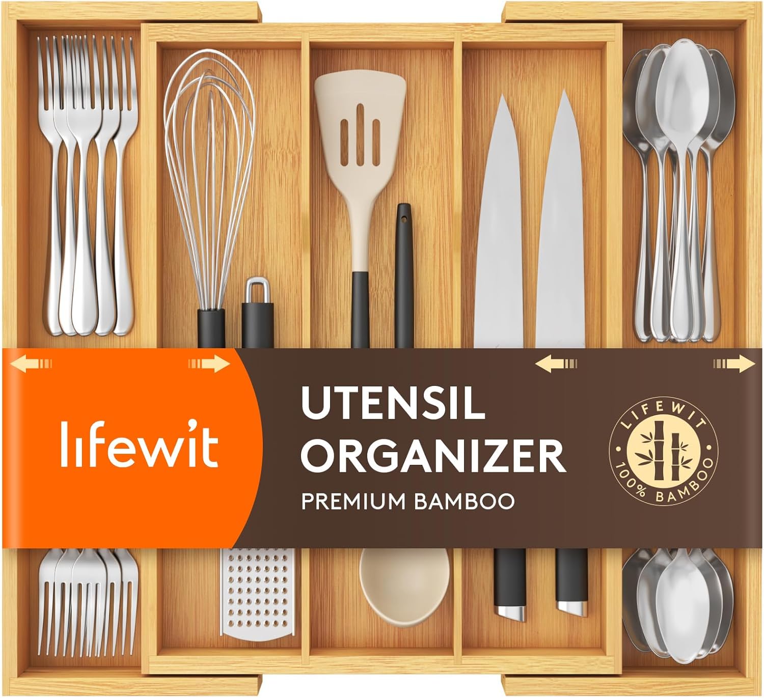Lifewit Utensil Organizer for Kitchen Drawer, Expandable Cooking Utensil Tray, Bamboo Cutlery Silverware Flatware Holder, Adjustable Spatula Tools and Gadgets Storage Divider, Large, Natural