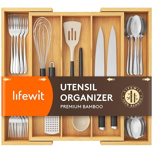 Lifewit Utensil Organizer for Kitchen Drawer, Expandable Cooking Utensil Tray, Bamboo Cutlery Silverware Flatware Holder, Adjustable Spatula Tools and Gadgets Storage Divider, Large, Natural
