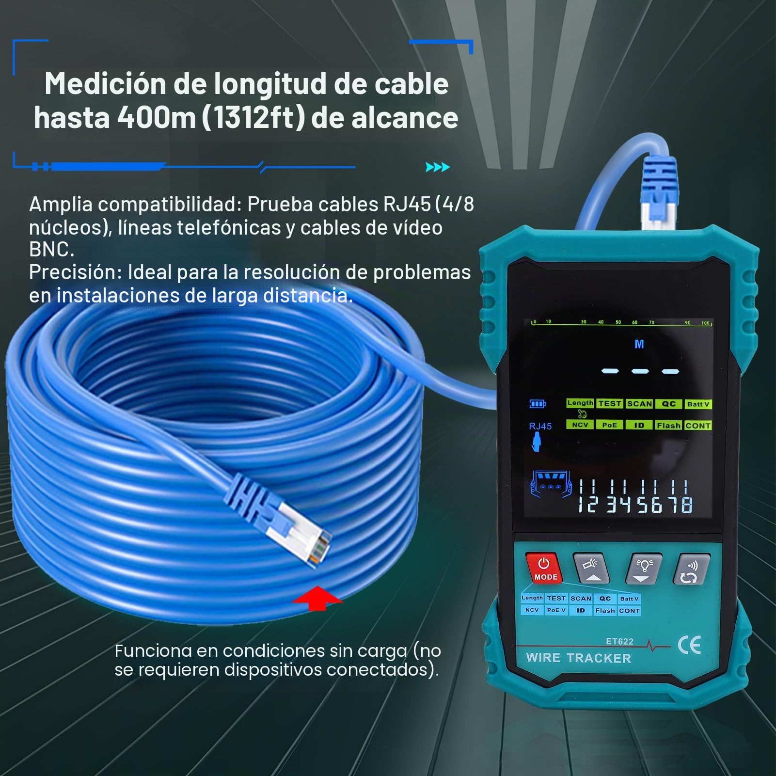 Probador de cables de red con detección de voltaje POE, rastreador de cables, medición de longitud RJ45 (400 m), prueba de continuidad de cables, indicador de puerto intermitente, kit de prueba LAN