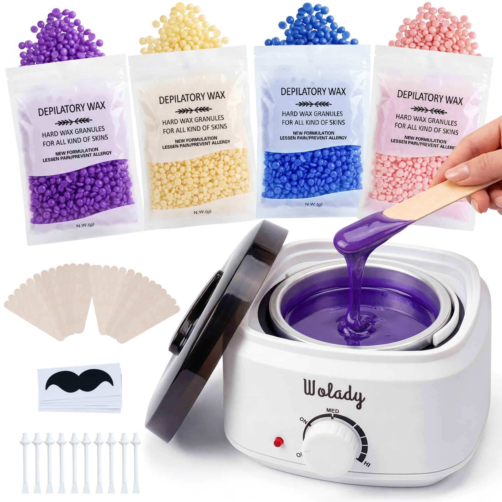 Calentador de Cera Depilatoria Eléctrico Profesional 450ml con 4 Paquetes Granos de Cera y 30 Palillos de Madera para Depilación Casero Spa Cara Brazos Axilas Piernas