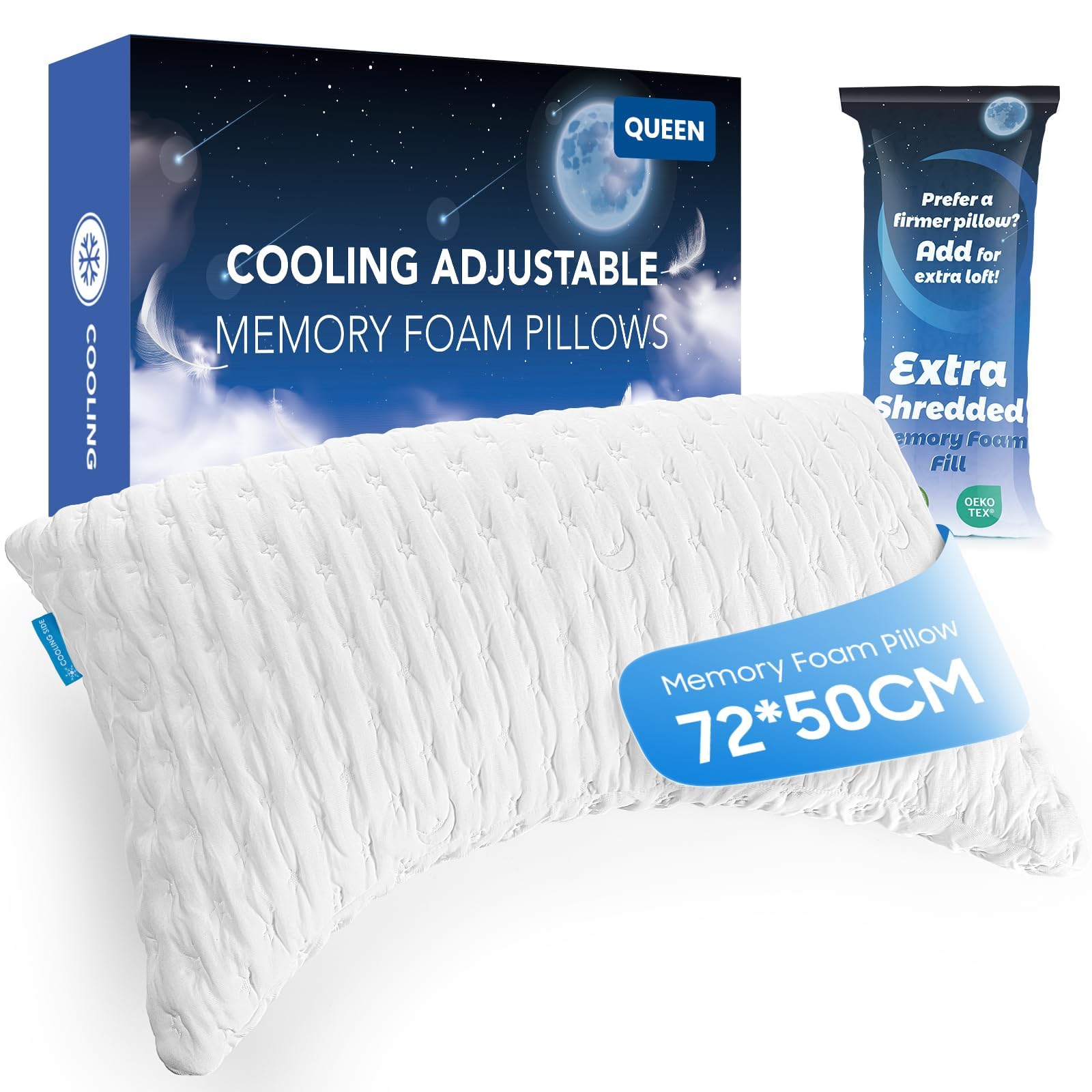 Iwacool Side Sleeper Pillow Queen Size Pillow 1 Pack Adjustable Shredded Memory Foam Pillow Ergonomic Crescent Curved Pillow for Neck and Shoulder Support Pillow for Hot Sleepers with Washable Cover