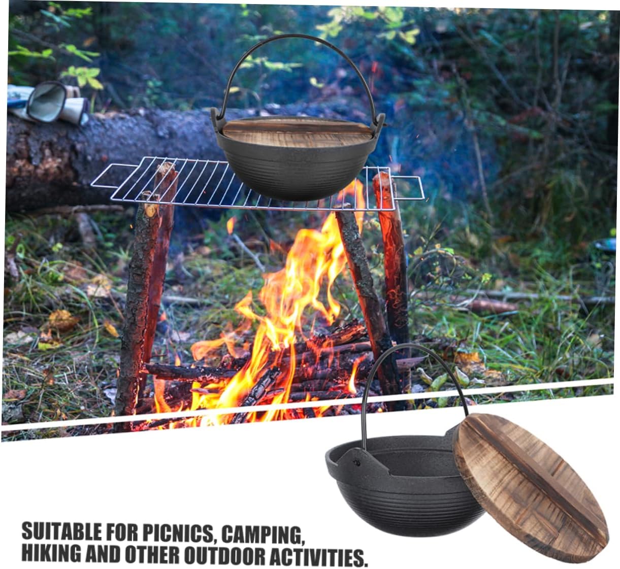 POPETPOP Japanese Cast Iron Hot Pot with Hanging Handle Outdoor Cooking Pot for Camping Ramen and Soup Durable Iron Nabe for Picnics and Hiking Activities