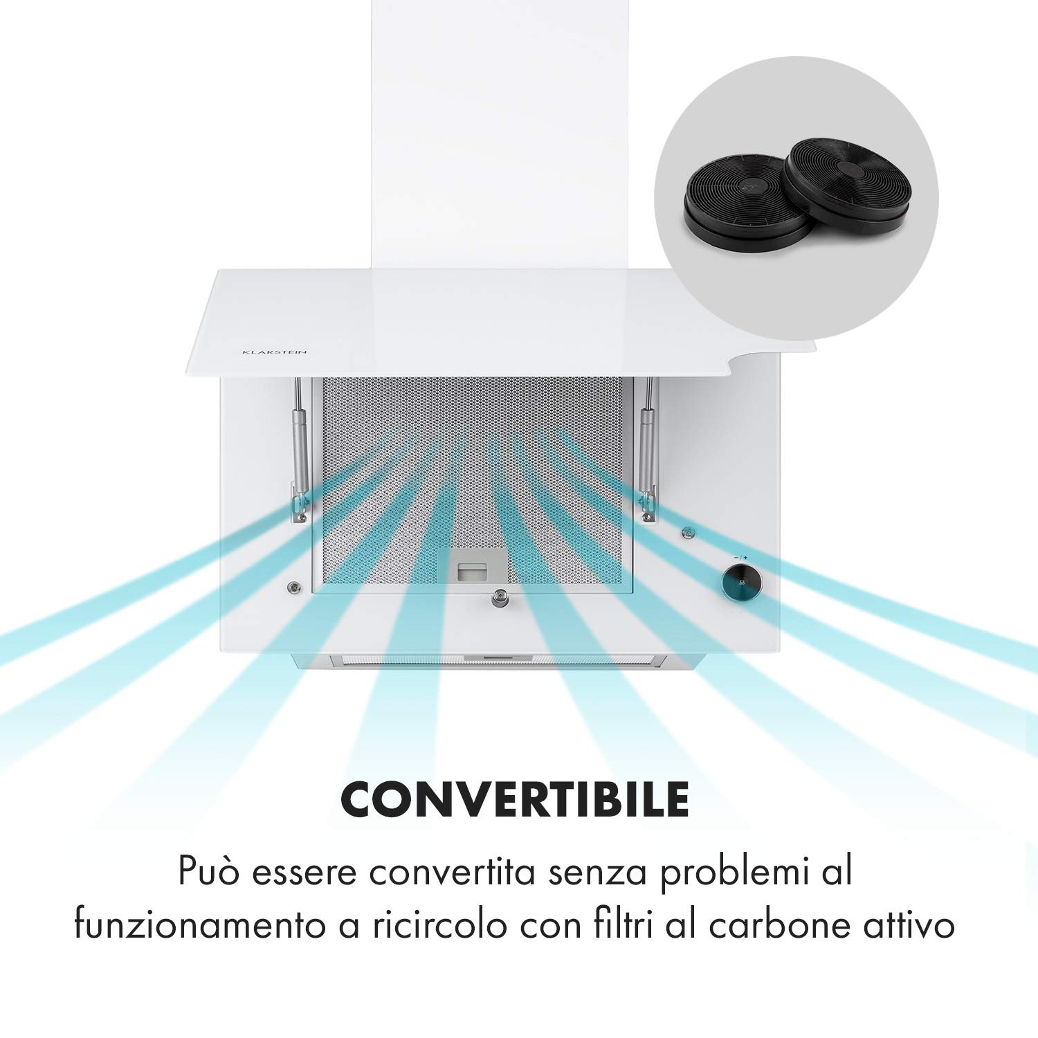 Klarstein Amelia - Cappa aspirante, Cappa a testa libera, Design piatto, 123 W, 586 m³/h, Illuminazione LED: 3 W, 3 livelli di potenza, Manopola touch illuminata, 60 x 47 x 23,5 cm, bianco