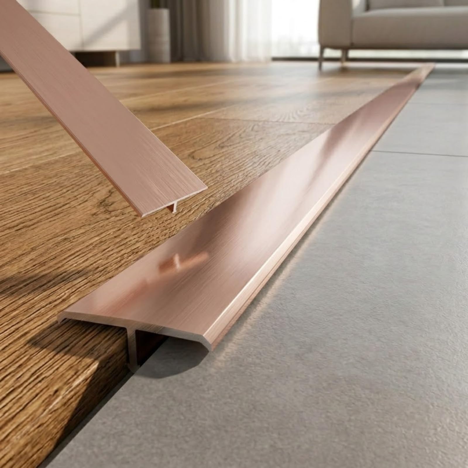 Aluminium T Moulding Floor Transition Strip, Self Adhesive Door Transition Strip, Metal Flat Divider Trim for Joining Laminate Floor Gaps, 90cm(Rose gold,W6cm*H0.7mm*L0.9m)
