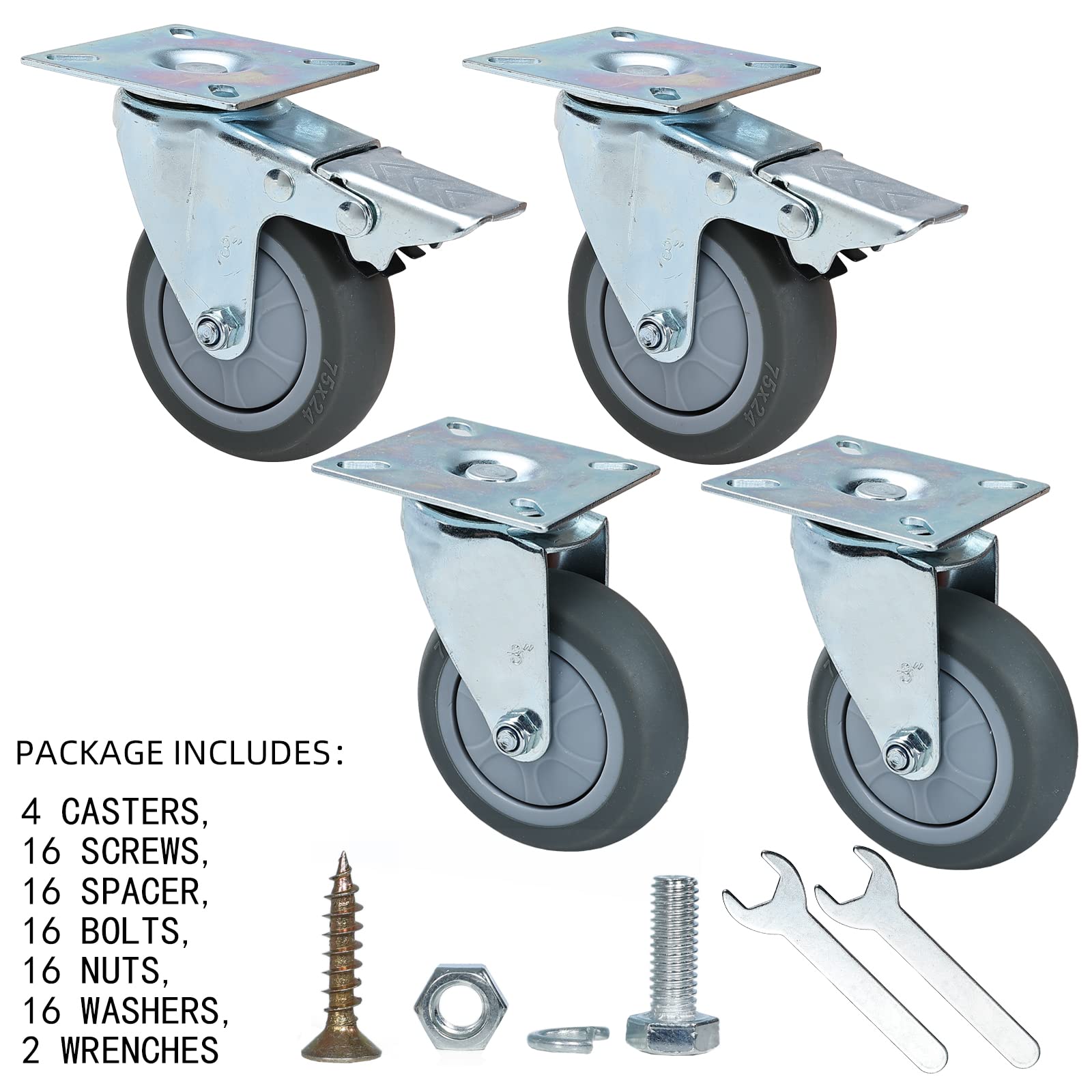 3 Inch Swivel Caster Wheels Set of 4 Heavy Duty Swivel Plate Casters with Brake, Locking Castors