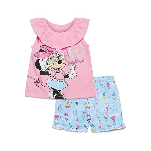 Disney Minnie Mouse Rainbow Floral T-Shirt and Chambray Shorts Outfit Set Infant to Big Kid Sizes (12 Months - 14-16)