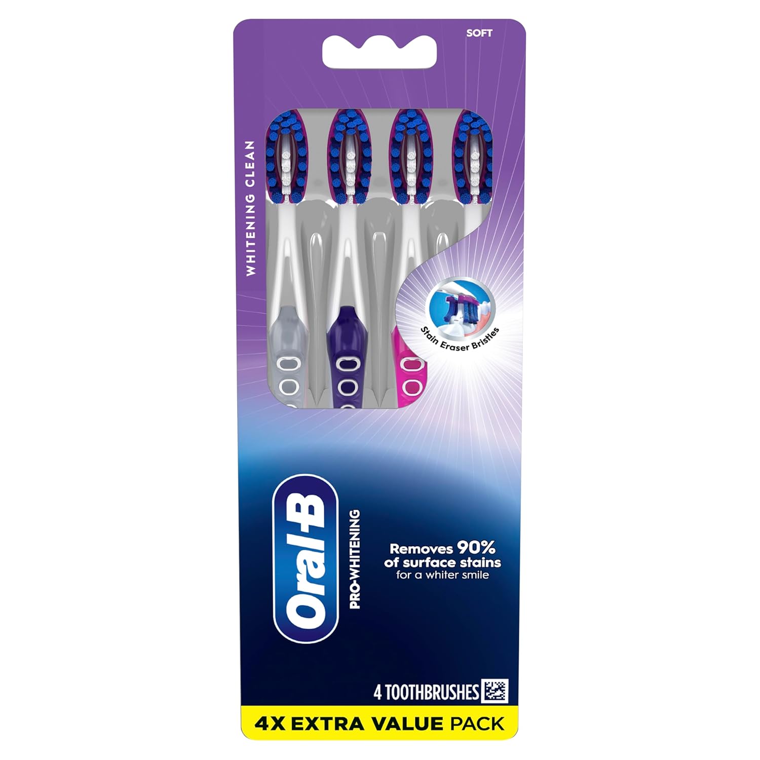Oral-B 3D White Deep Stain Remover toothbrushes,Toothbrush Soft,Removes 90% of Surface Stains,whitens Teeth,deep Reach,removes Plaque and Stains Tooth Brush,4 Count (Pack of 2)