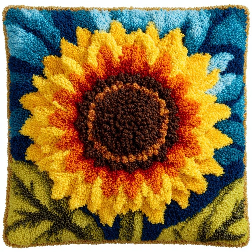 Henypt Latch Hook Craft Cushion Kit 43x43cm,Sunflower Pillow Cover Needlework for Bedroom Lounge,Easy to Make Starter Set for All Ages