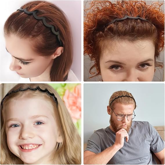 4 Pcs Elastic Non Slip Wavy Tooth Comb Headband for Women, Men & Girls - Zigzag Plastic Headband (Black, Brown)
