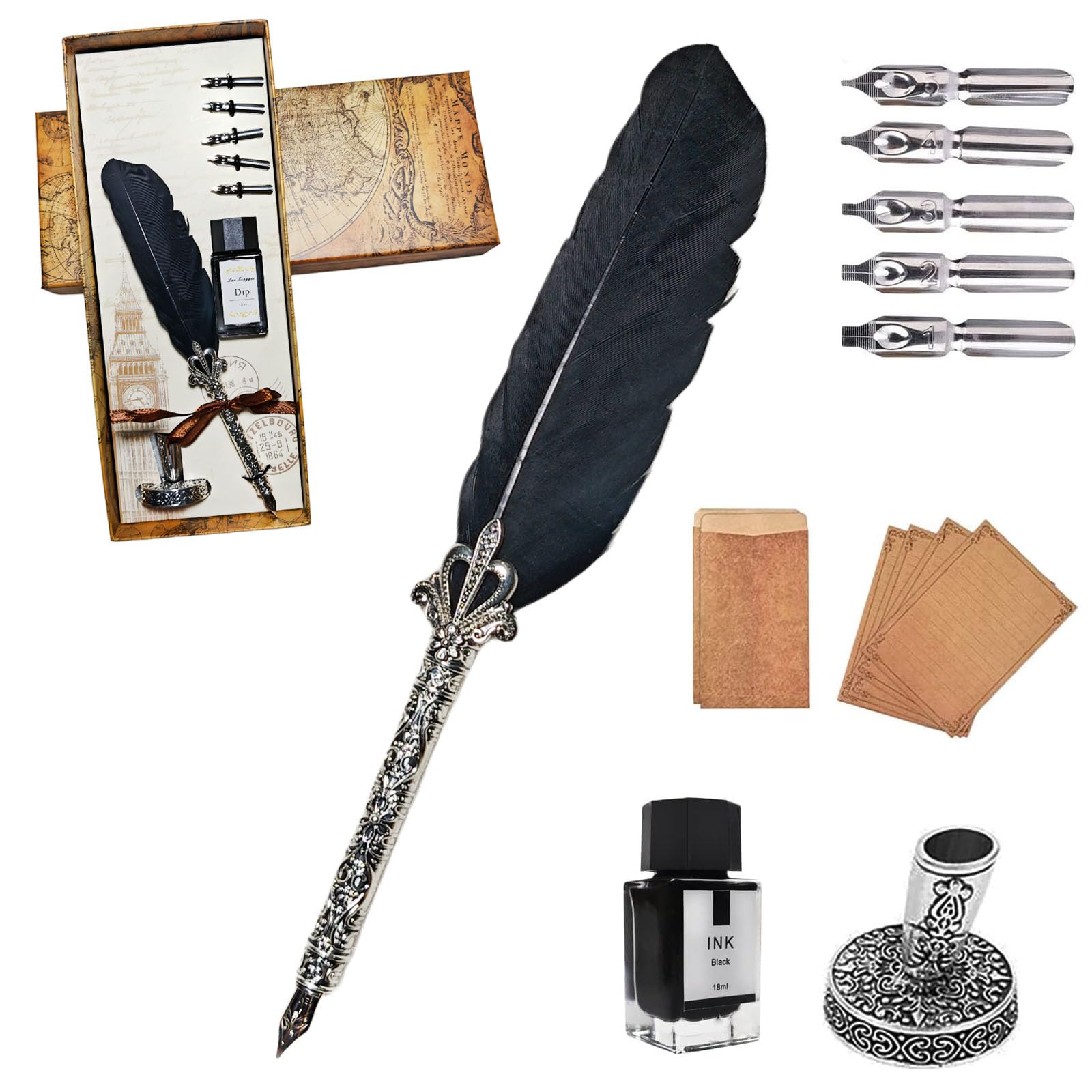 AOMAYLL Feather Pen Ink Set, Vintage Dip Pen with Ink (Black)