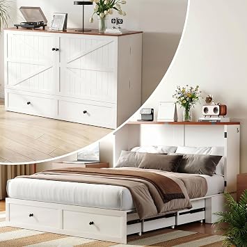 ijuicy Full Murphy Bed with Storage & Multifunctional Charging Station, Farmhouse Murphy Cabinet Bed with Foldable Panel, Space-Saving Beds for Guest Bedroom,Living RoomWhite & Brown, with Mattress