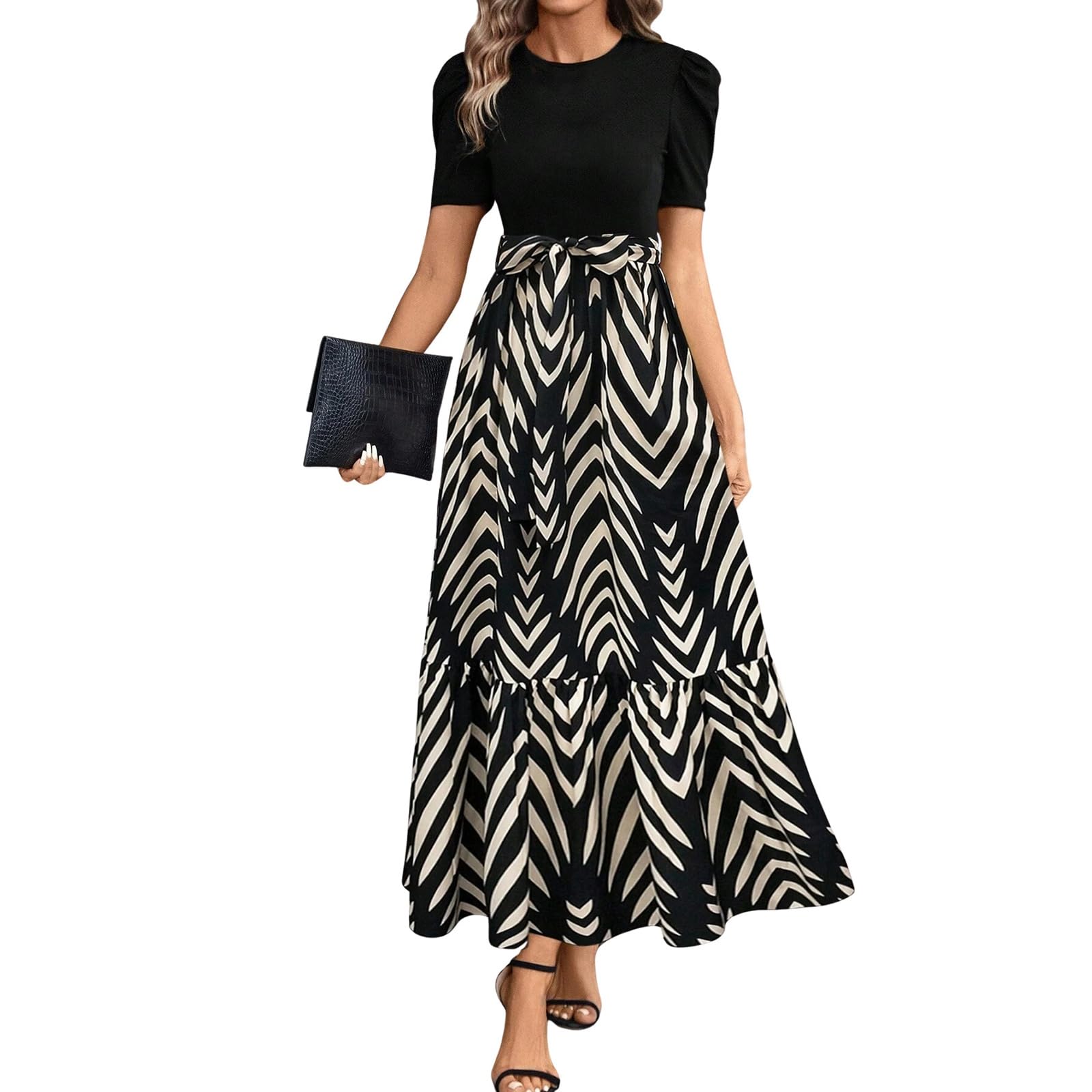 Summer Dresses for Women 2025 Floral Print Wrap Short Sleeve Maxi Dress Patchwork Ruffle Hem A Line Dress