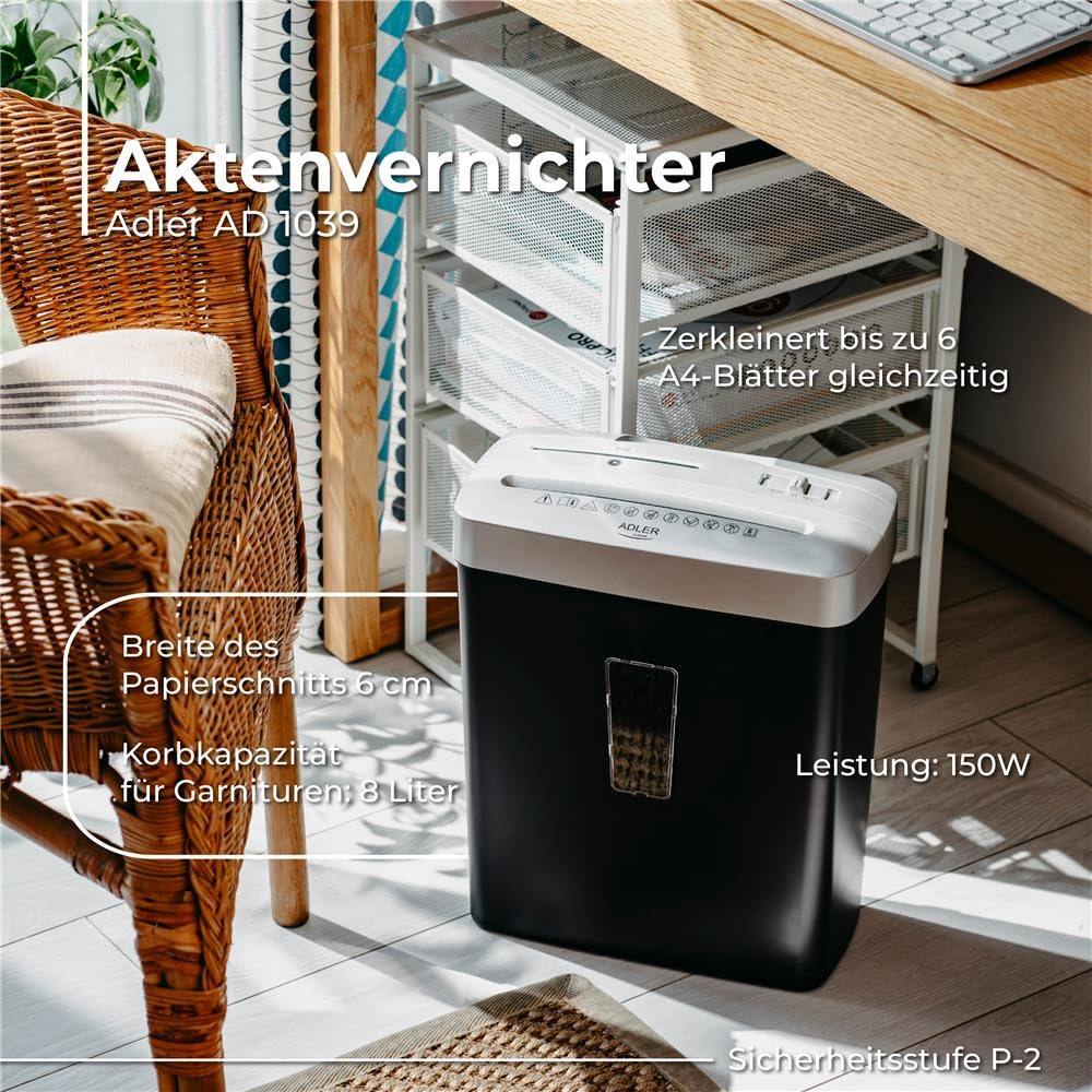 Adler AD 1039 - Destructora de Papel (6 Hojas, Corte en Tiras P‑2, depósito de 8 L, Arranque/Parada automática, función de Retroceso, 70 dB, protección contra sobrecargas, compacta y Negra)