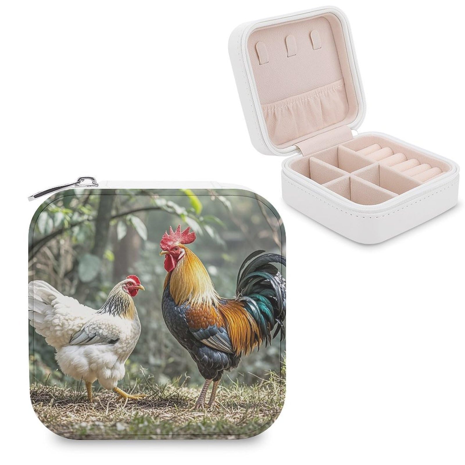 LZQPOEAS Rooster And Hen Jewelry Box Mini Jewelry Travel Case Trendy Stuff Ring Box Custom PU Leather Jewelry Boxes Portable Jewelry Case Earring Storage Organizer for Girls Women