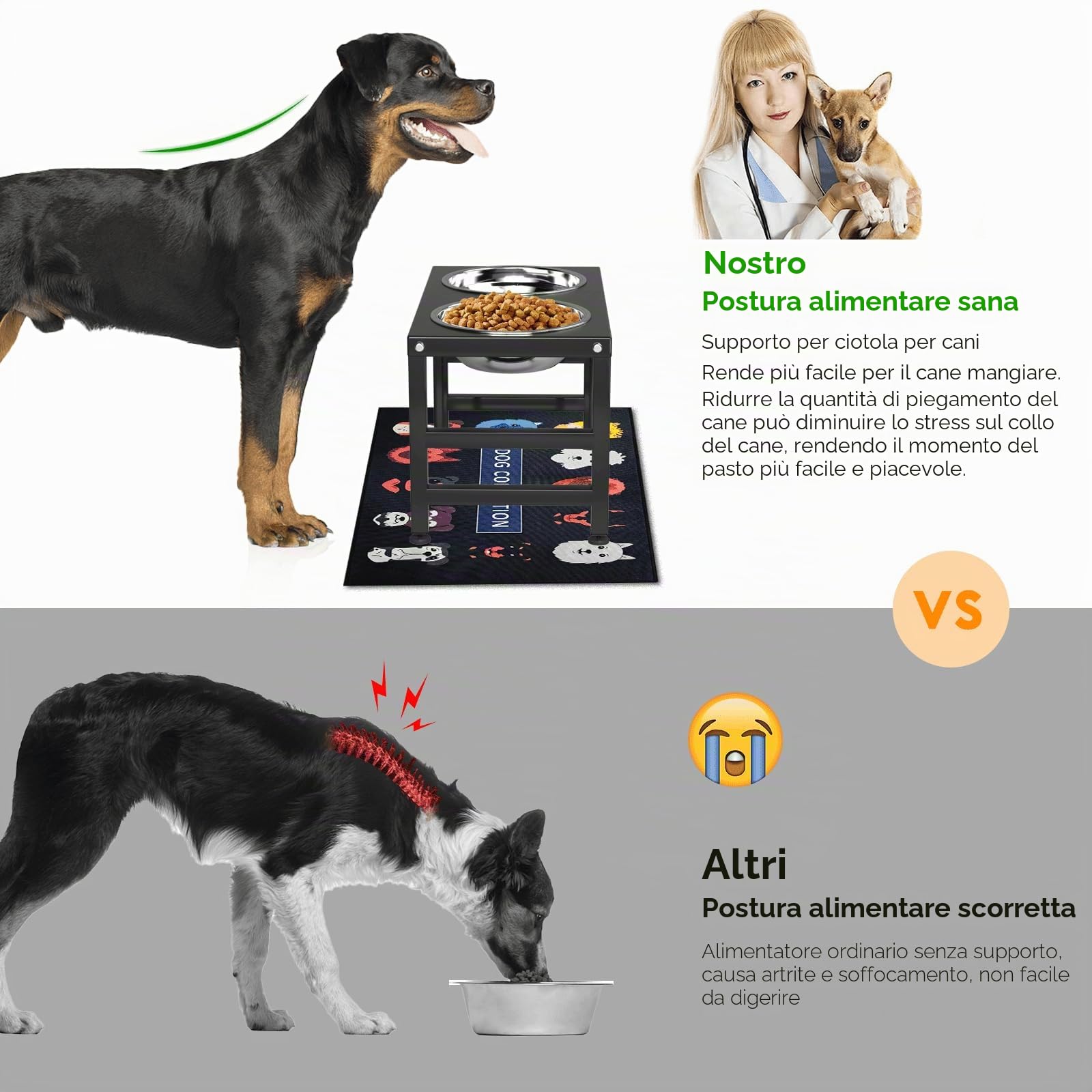 ADENGL Ciotola per cani rialzata in metallo, altezza 25,4 cm, supporto per mangiatoia per cani con 2 ciotole in acciaio inossidabile da 1,19 g e tappetino antiscivolo da 40 x 61 cm, supporto per cibo