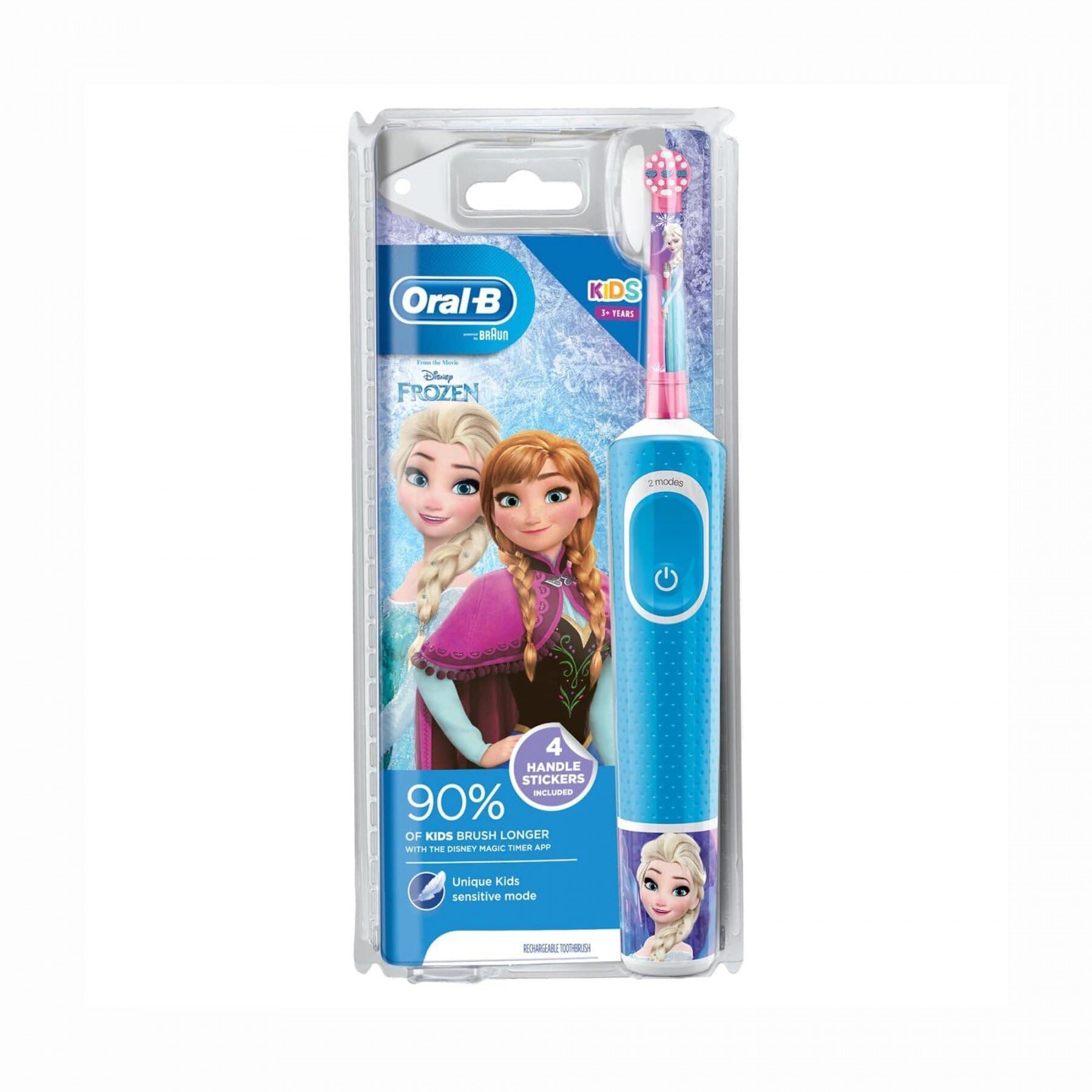 Oral-B Vitality D100 Rechargeable Toothbrush for Kids (3+ Years) Disney Frozen, White/Sky Blue with 3-Pin Plug, 1 Count