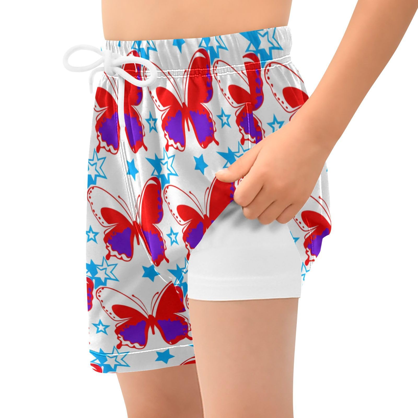YANENDIE Boy Swim Trunks with Compression Liner Red Butterflies Stars Boys Swim Shorts Quick Dry Beach Shorts