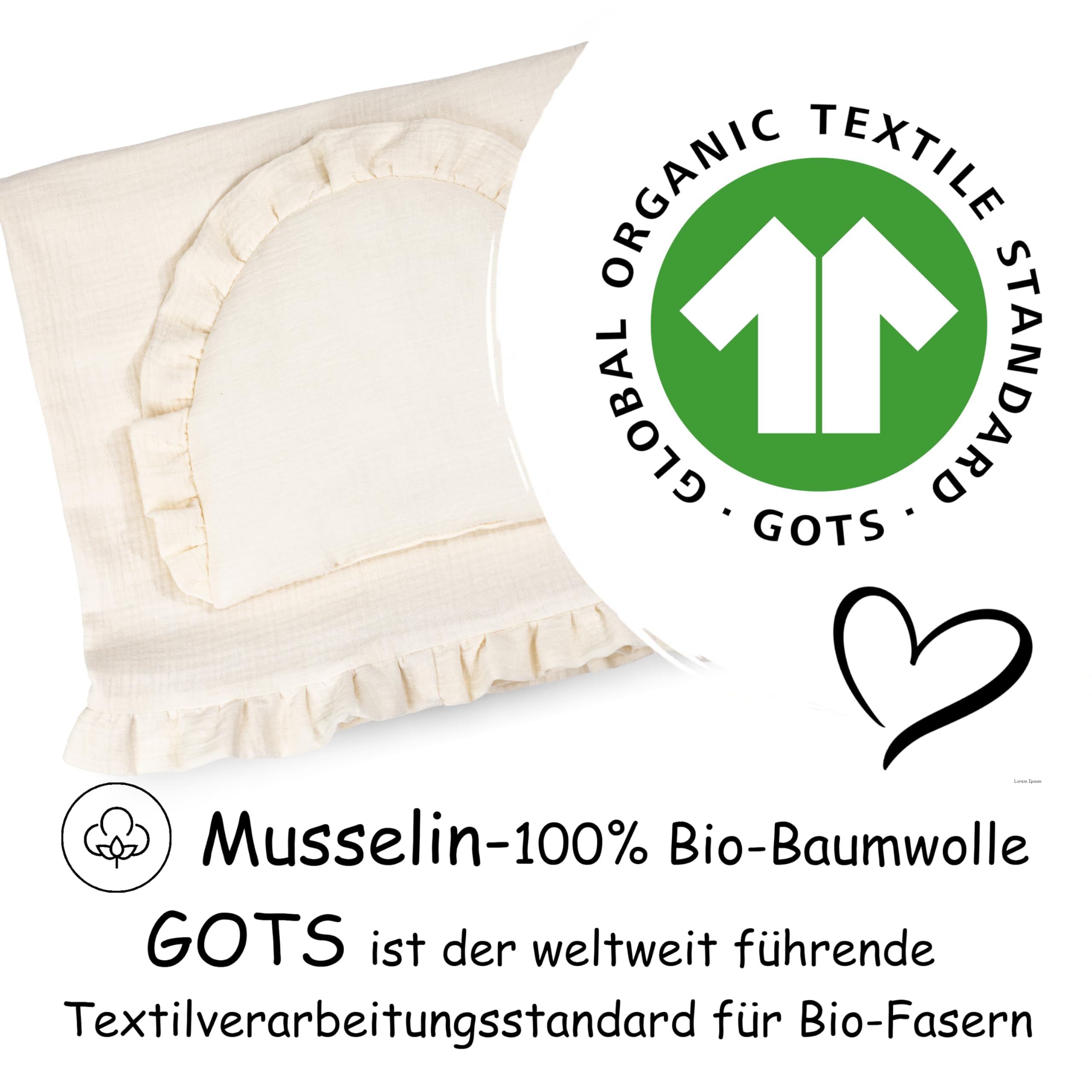 PinkZebra Biancheria da letto in mussola con volant per neonati, set di biancheria da lettino: morbido cuscino piatto + coperta a 4 strati in 100% cotone biologico, coperta morbida, coperta per