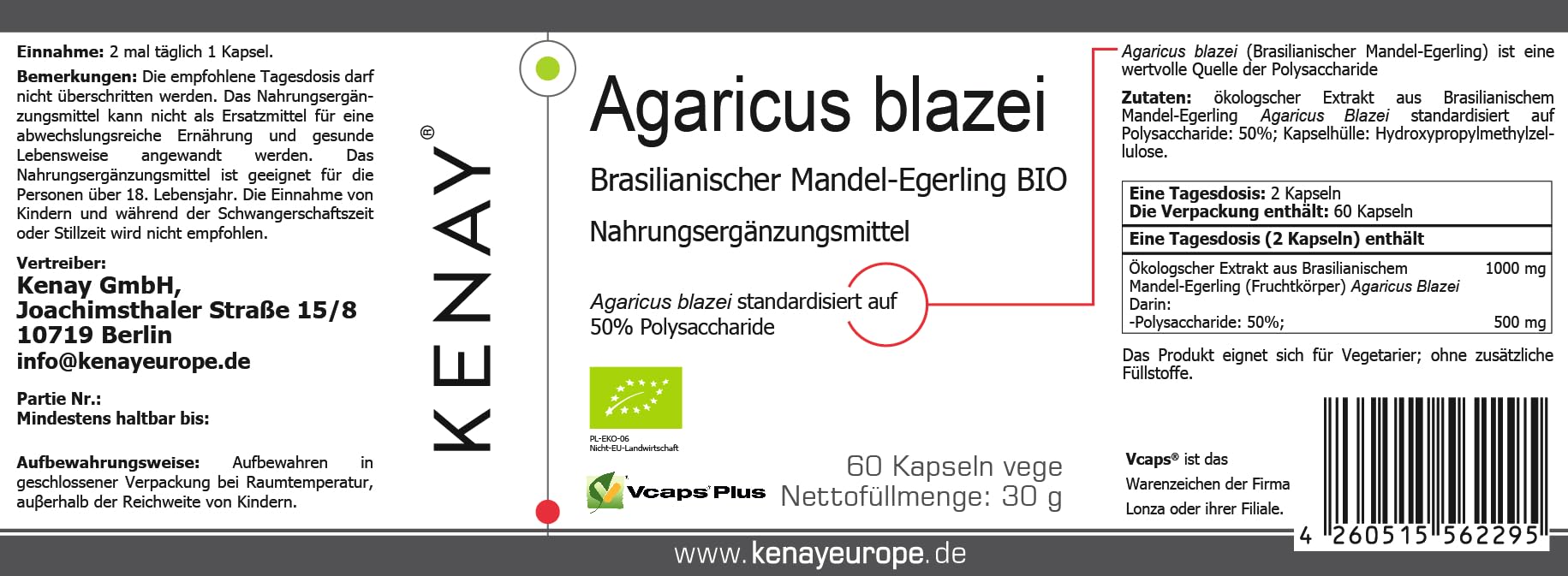 Agaricus blazei Brasiliano Mandorle Egerling 60 Capsule Vegan - Integratori Alimentari | Prodotto BIO | Kenay Europe