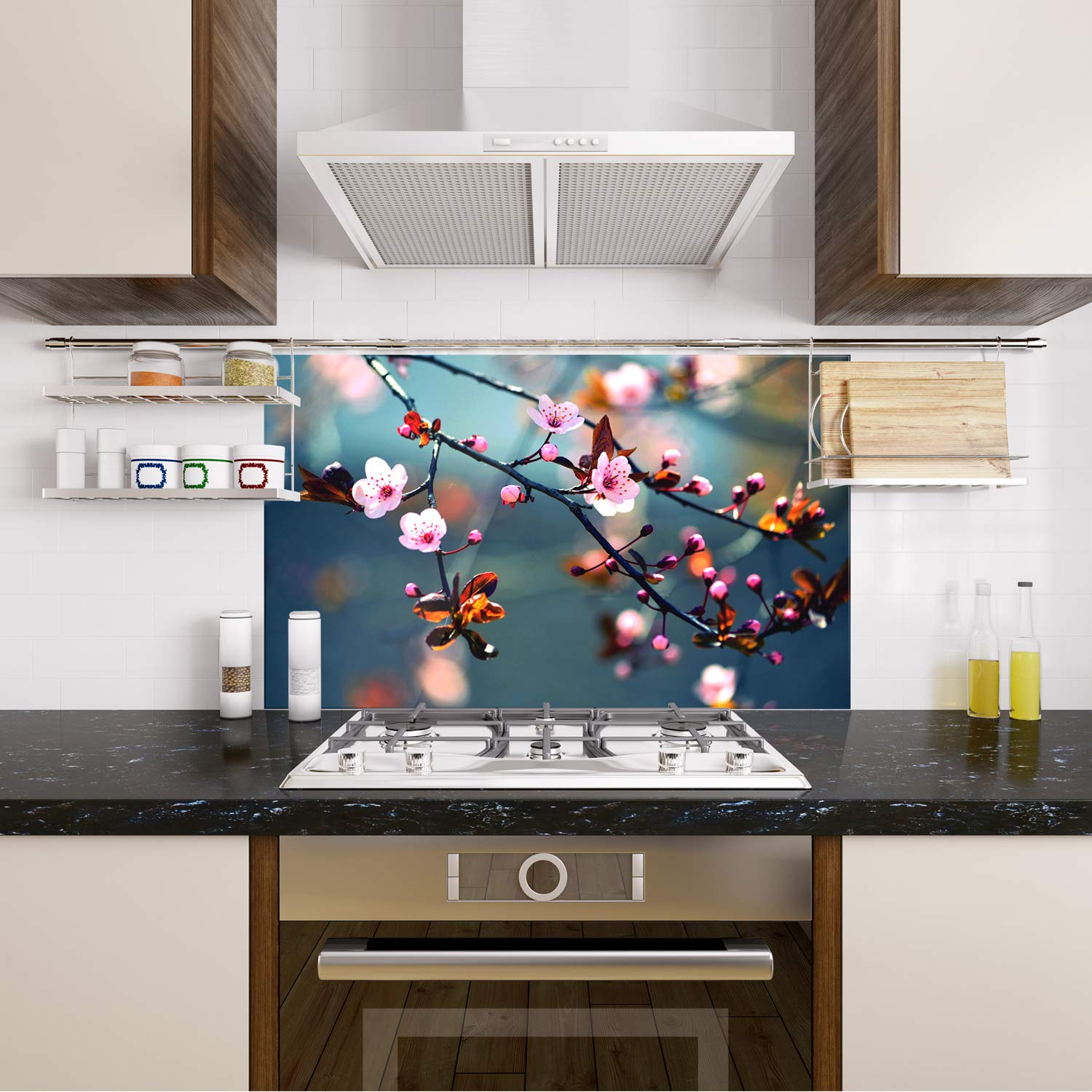 GRAZDesign Panel posterior de cocina de cristal para cocina, diseño de flor de cerezo en verano, espejo de cocina, panel posterior de cocina, cristal templado de 4 mm, 80 x 40 cm