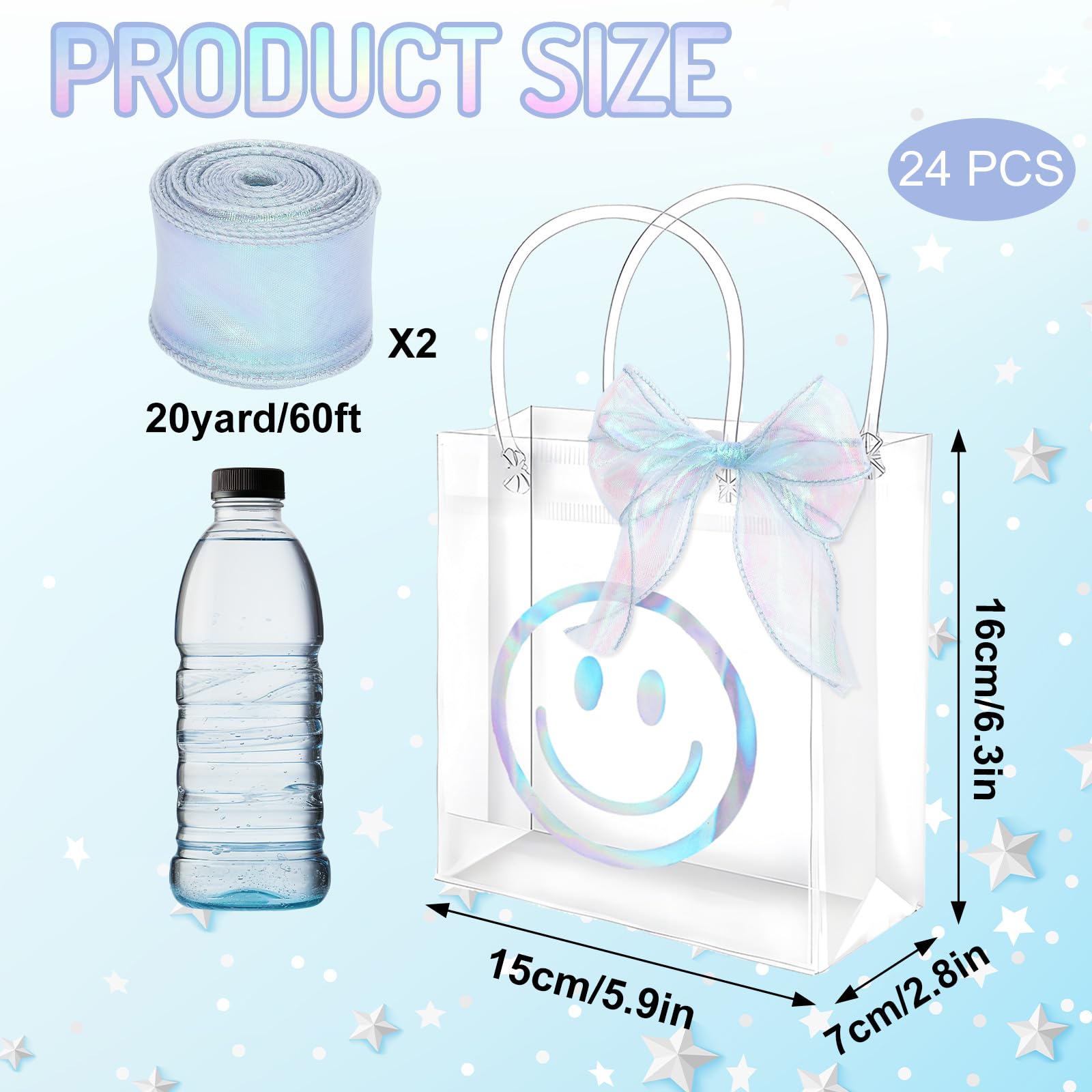 FYSUIMU 24 bolsas de regalo holográficas de PVC transparente con asa para regalo de fiesta con cara feliz con cinta para bodas, cumpleaños, baby shower