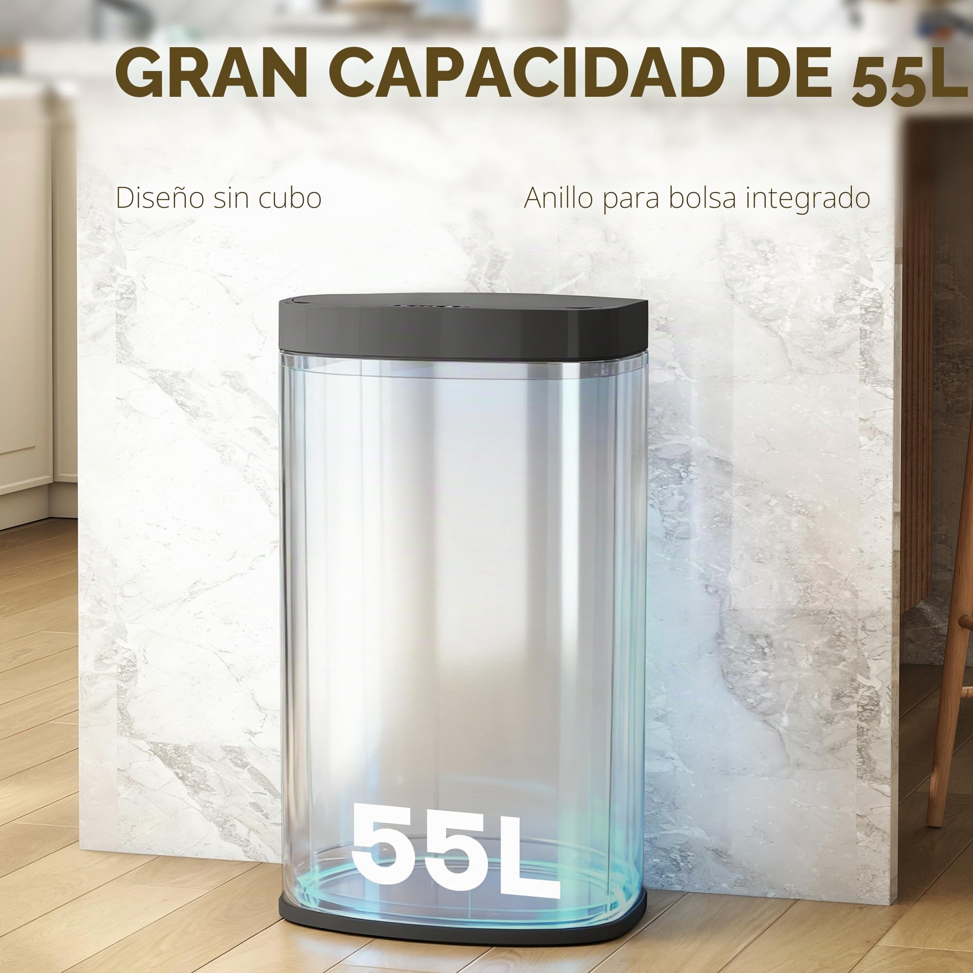HOMCOM 55L Cubo con sensor, papelera de cocina sin contacto, Plata | Tapa de cierre suave, sensor de movimiento, acero inoxidable resistente a huellas, higiénico para gimnasio, hogar y oficina
