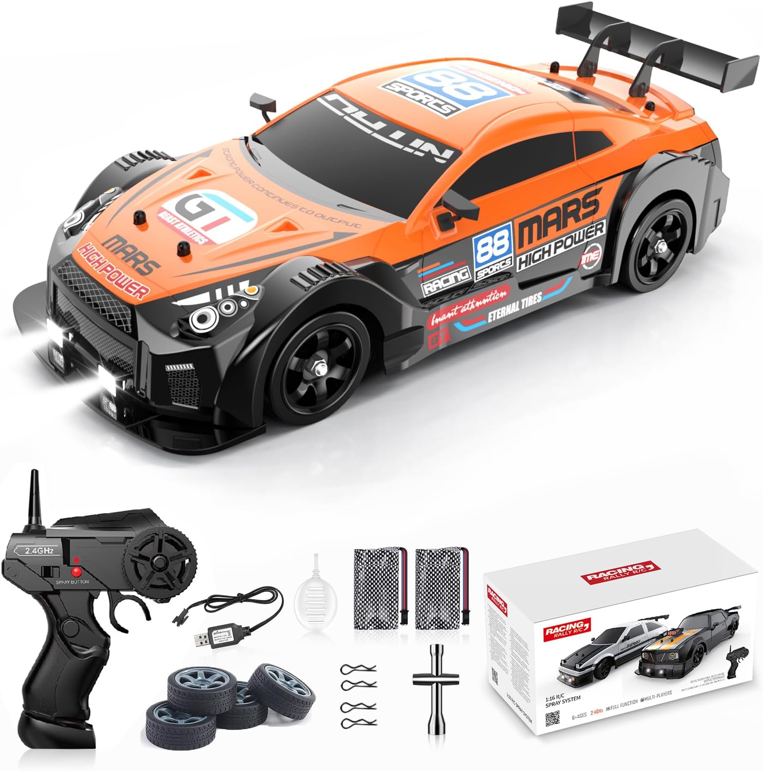 Remote Control Car RC Drift Car 1/16 Scale 4WD with LED Lights 2.4ghz 18km/H Rechargeable High Speed Drift Racing Sport Toy for Adults Boys Girls Kids Gift 2pcs Batteries and Extra Tires