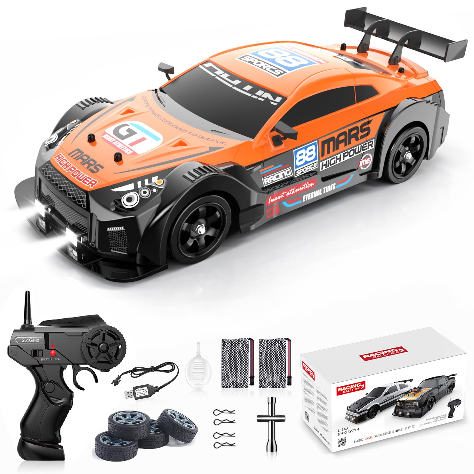 Remote Control Car RC Drift Car 1/16 Scale 4WD with LED Lights 2.4ghz 18km/H Rechargeable High Speed Drift Racing Sport Toy for Adults Boys Girls Kids Gift 2pcs Batteries and Extra Tires